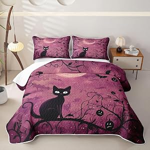 Feelyou Halloween Pink Moon Cat3 Piece Quilt Set Full Spooky Branch Pumpkin Bedding Set Microfiber Lightweight Feline Bedspread Coverlet with 2 Pillowcases Witch Bed Covers for All Season