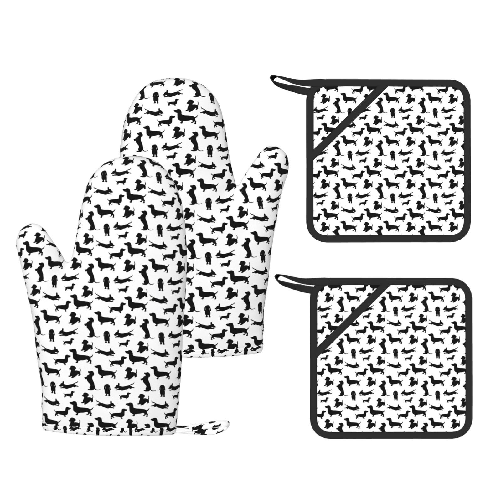 Nimongt Black Dogs Dachshund Dog Print Heat Resistant Gloves Pads Reusable Kitchen Set Oven Baking Grilling Cooking