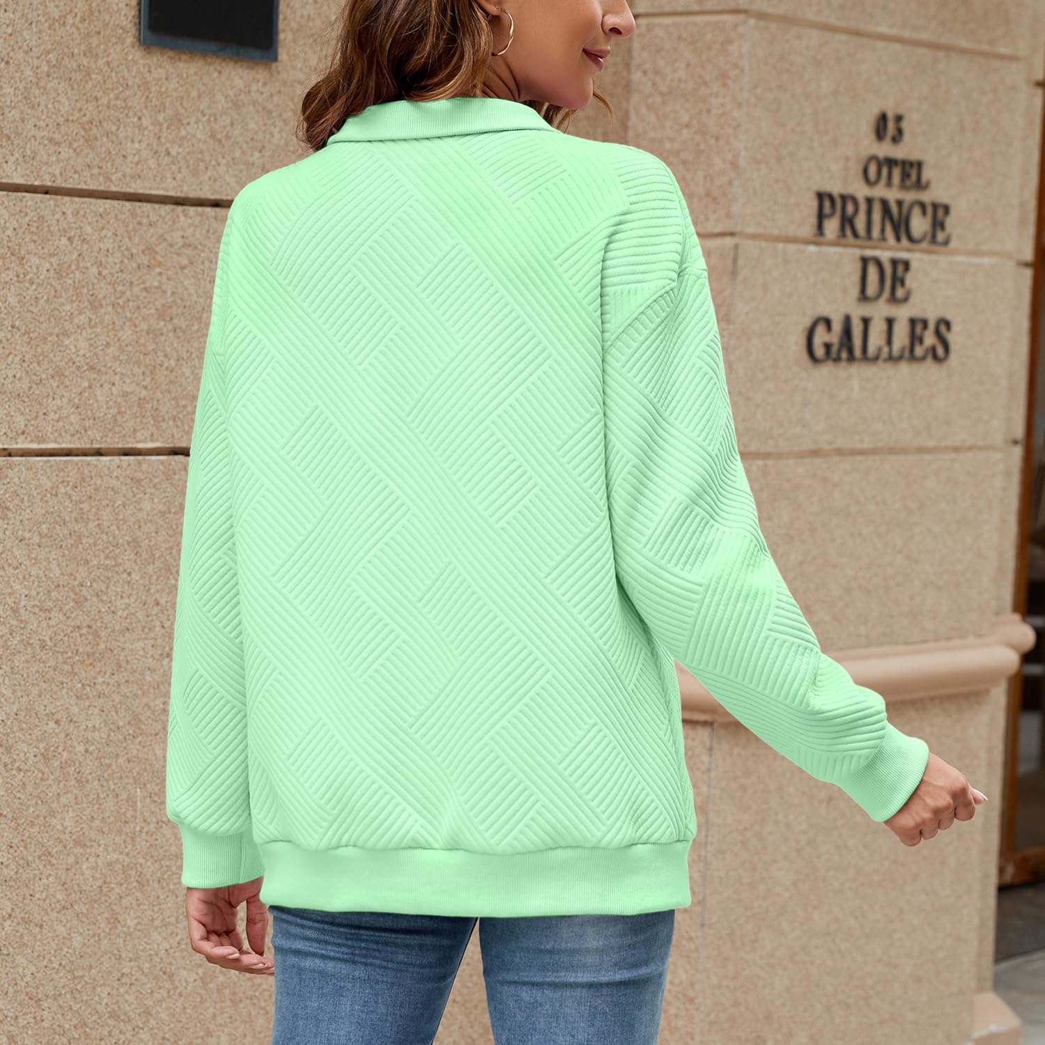 Anbech Women Loose Sweatshirt Lightweight Textured Long Sleeve Pullover Tops Henley Button V Neck Casual Sweatshirts - Image 2