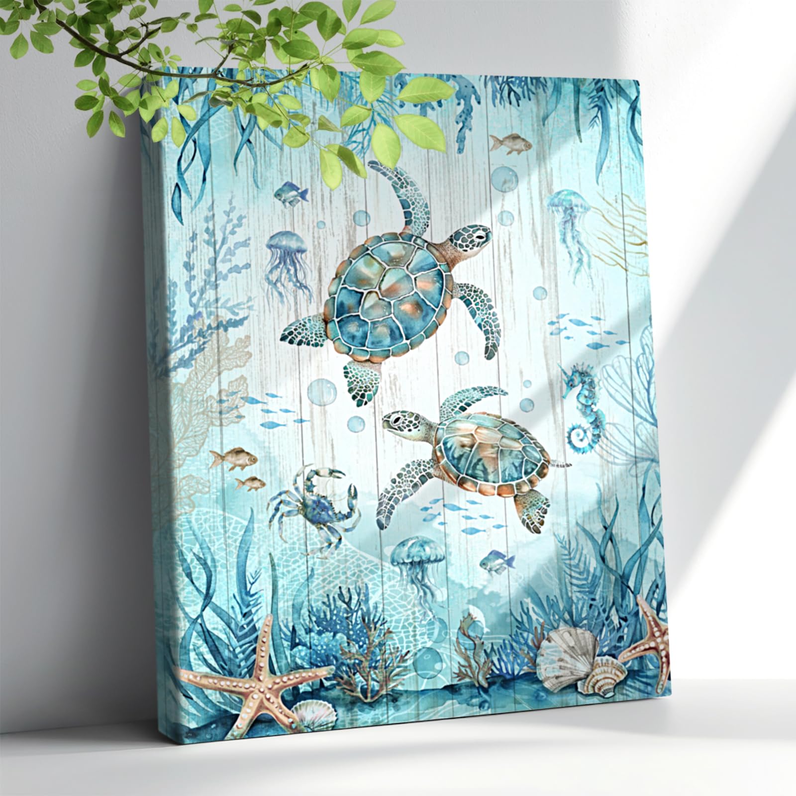 Nautical Beach Sea Turtle Bathroom Decor Wall Art Ocean Sea Turtle Paintings Artwork for Walls Teal Beach Theme Decor Pictures Prints Framed