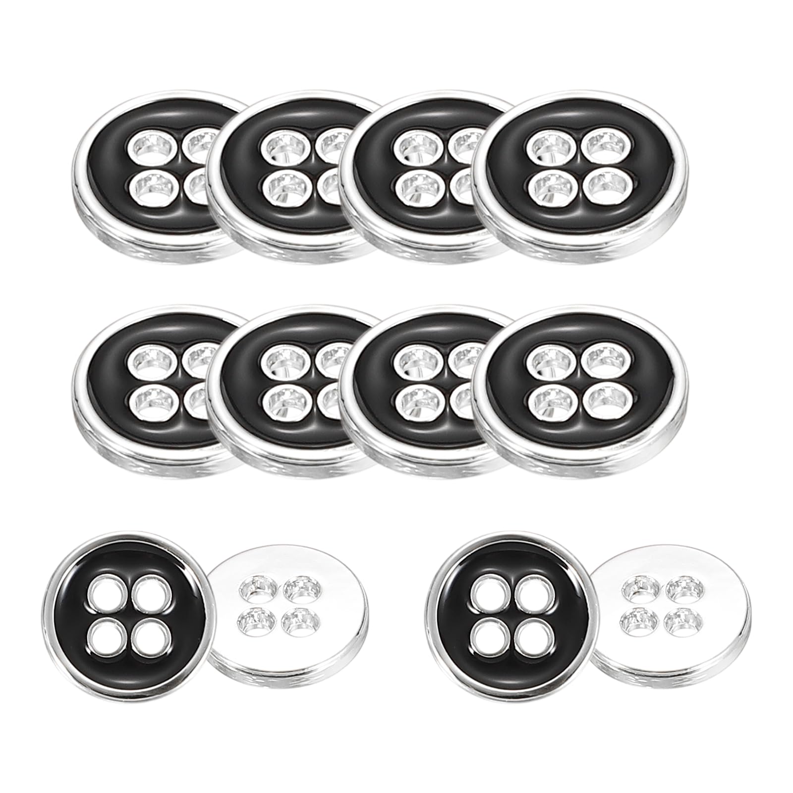 sourcing map 12pcs Metal Sewing Buttons, 10mm 4-Hole Round Vintage Buttons Replacement Sew on Embellishments for Coat Shirt Jeans DIY Crafts Clothing Decoration, Silver Black