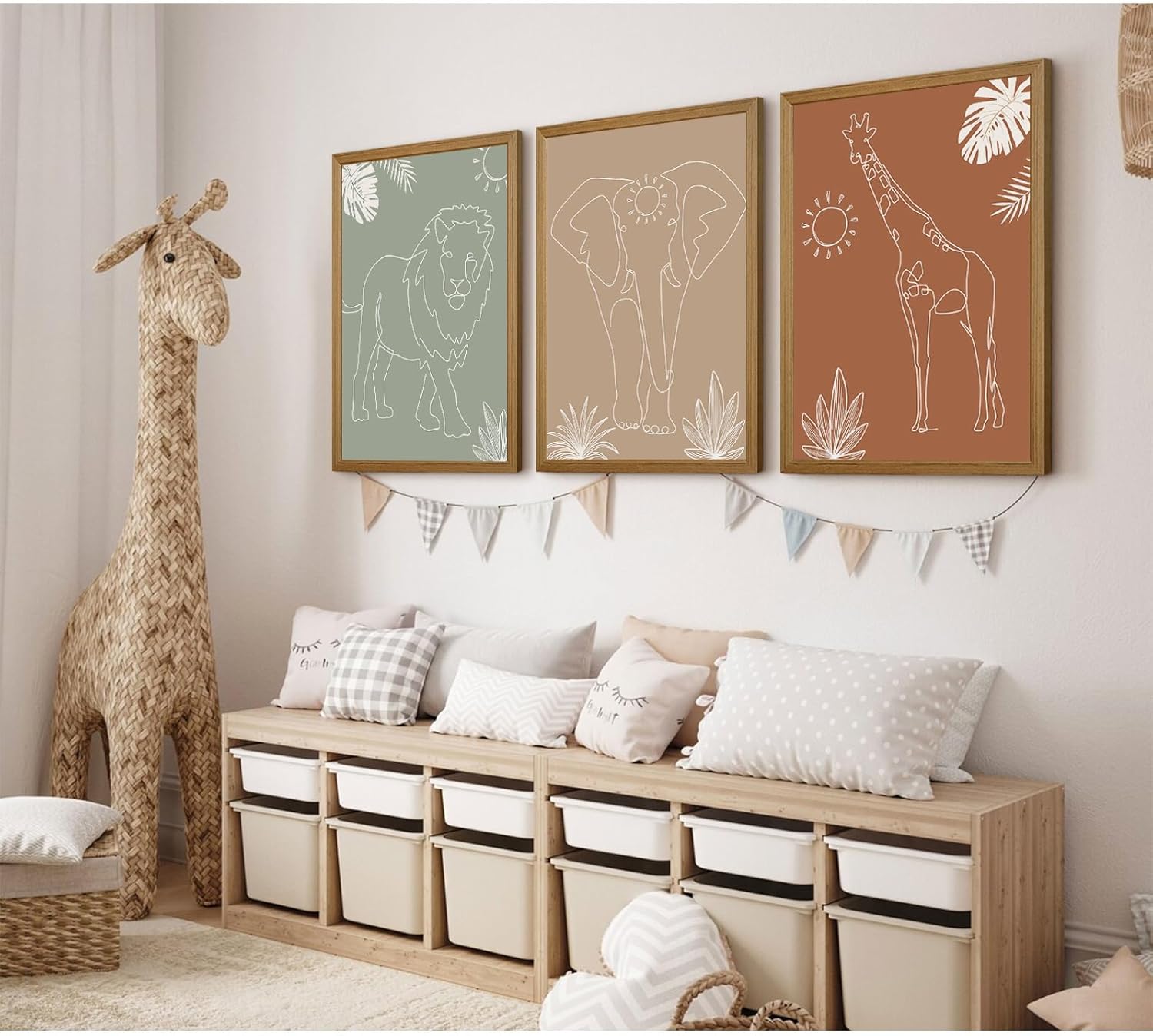 Safari Nursery Wall Art Pictures Baby Animal Canvas Wall Decor Boho Jungle Wall Art Kids Minimalist Poster Elephant Giraffe Lion Prints Nursery Safari Artwork for Bedroom 12x16 Inch Wood Framed Set of 3 Framed Elephant Giraffe Prints 16"L x 12"W
