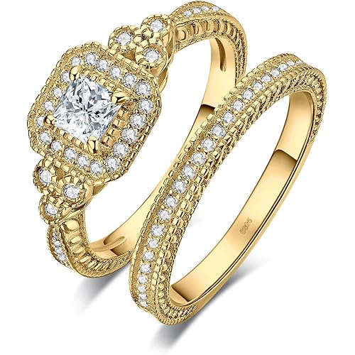 JewelryPalace Vintage 14K Gold Plated 925 Sterling Silver Halo Engagement Ring Wedding Band Bridal Sets