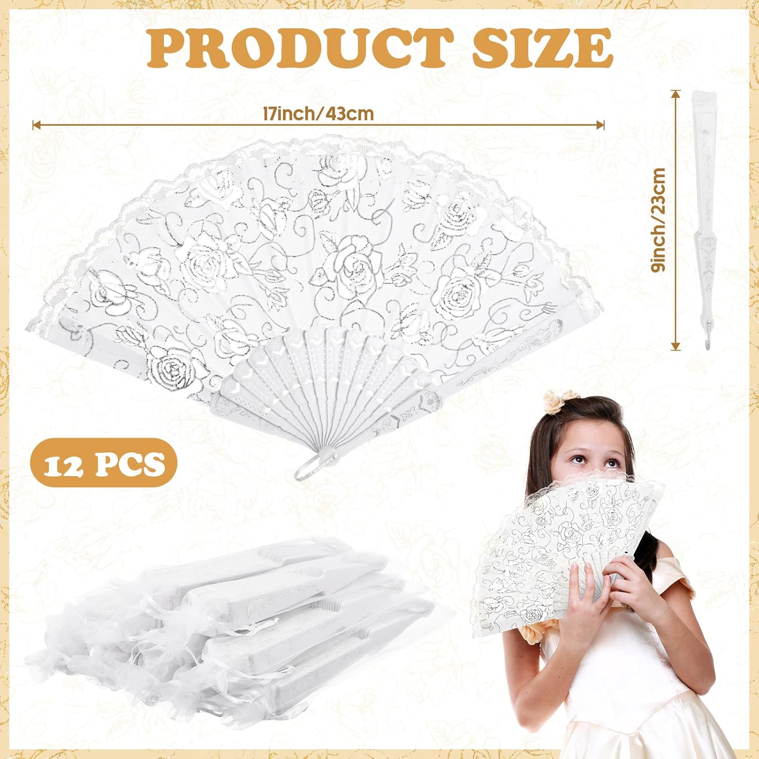 Roowest 12 Pcs Rose Lace Fan Handheld Floral Folding Fans with Organza Bags Chinese Retro Foldable Decor Bridal Dancing Prop Hand Held Cosplay Costume for Party Wedding Birthday Church Tea(Silver)