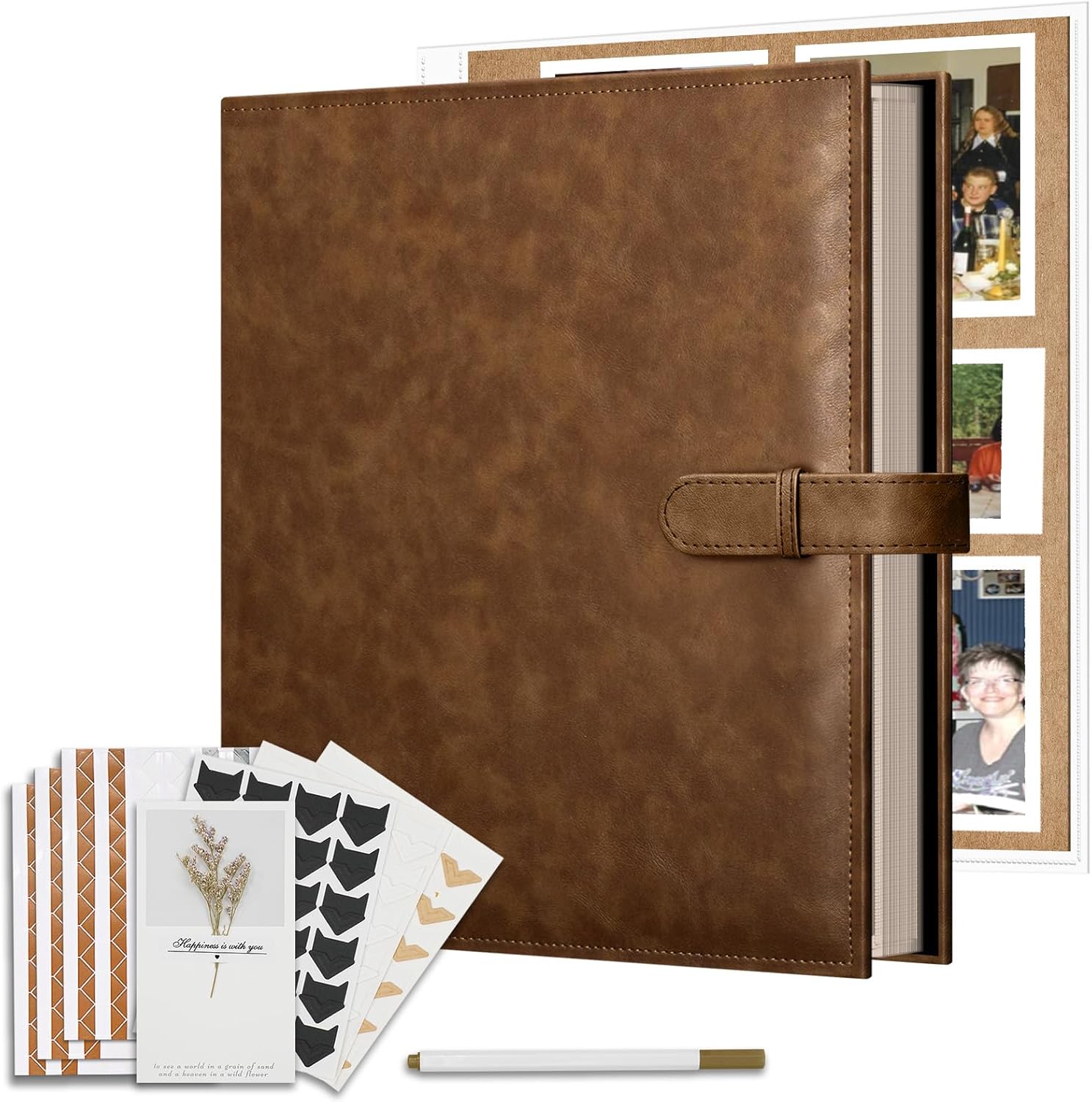 Vienrose 13x11 Inch 3 Ring DIY Scrapbook Album Gift Set, Faux Leather Cover Blank Scrapbooks Photobook with 30 Plastic Sleeves 60 Kraft Pages for Valentine Gift Wedding Family Anniversary DarkBrown