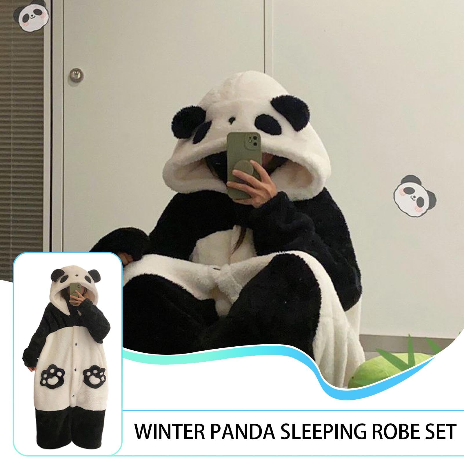 Pijama De Panda Ropa De Dormir Con Capucha De Forro Polar De Coral Gruesa Y
