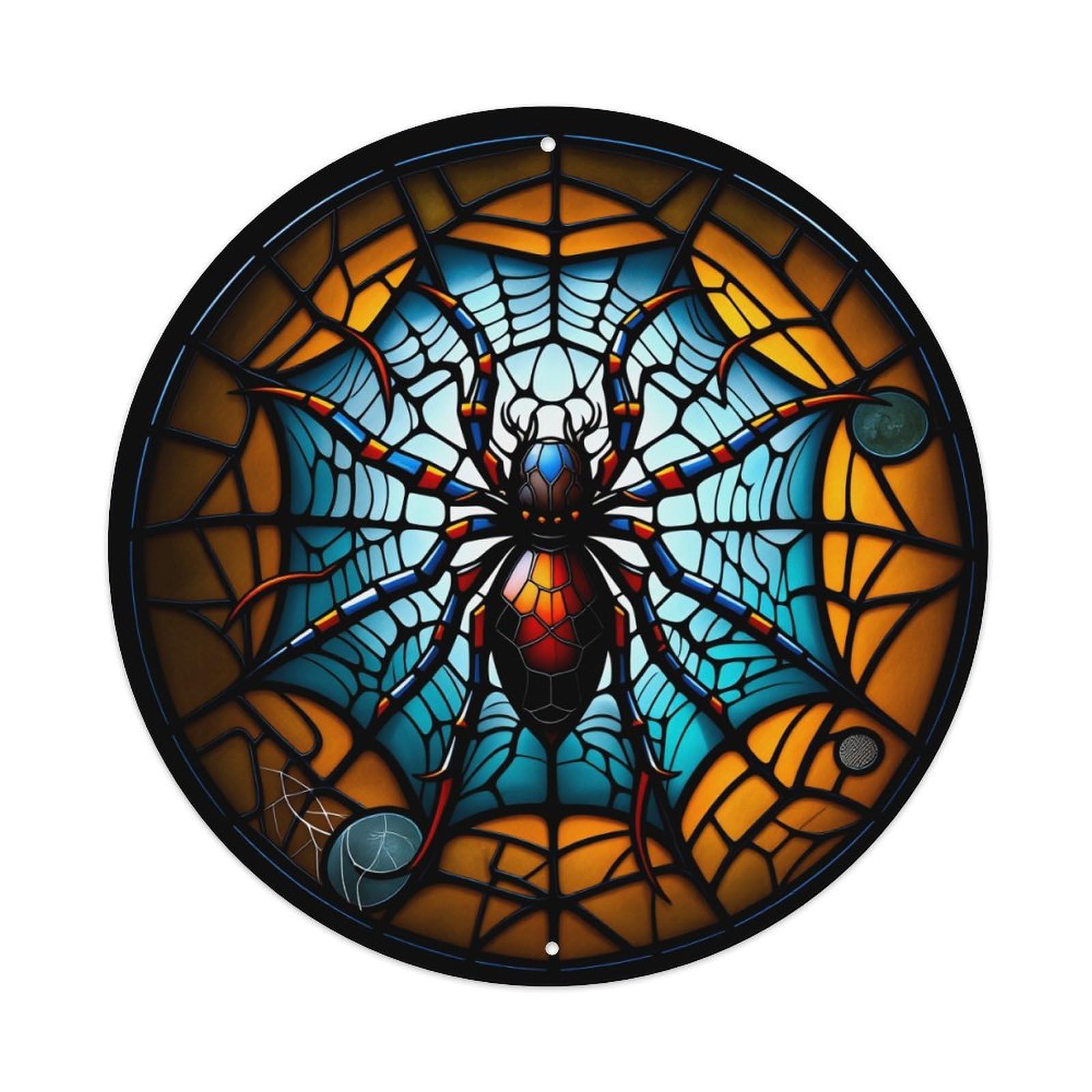 Stained Glass Spider Web Art Round Tin Sign Vintage Metal Poster Retro Bar, Home, Man Cave, Kitchen, Laundry Room Wall Art Decor Gift 8x8In