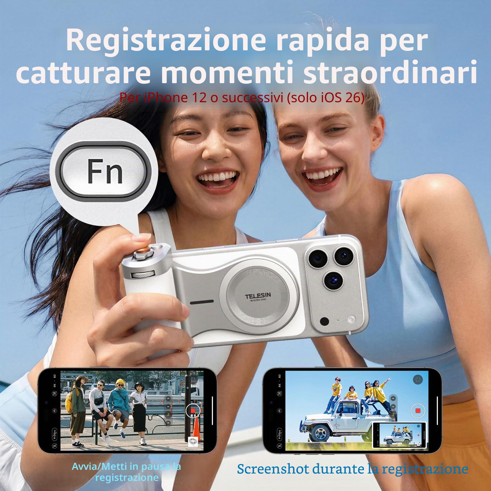 Master Grip Kit per iPhone 17-12 & Android, Impugnatura Magnetica per Fotocamera per Telefono, Pro Shot Imaging Phone Grip, Batteria Integrata da 3200 mAh, Ricarica Wireless (Bianco e Argento)