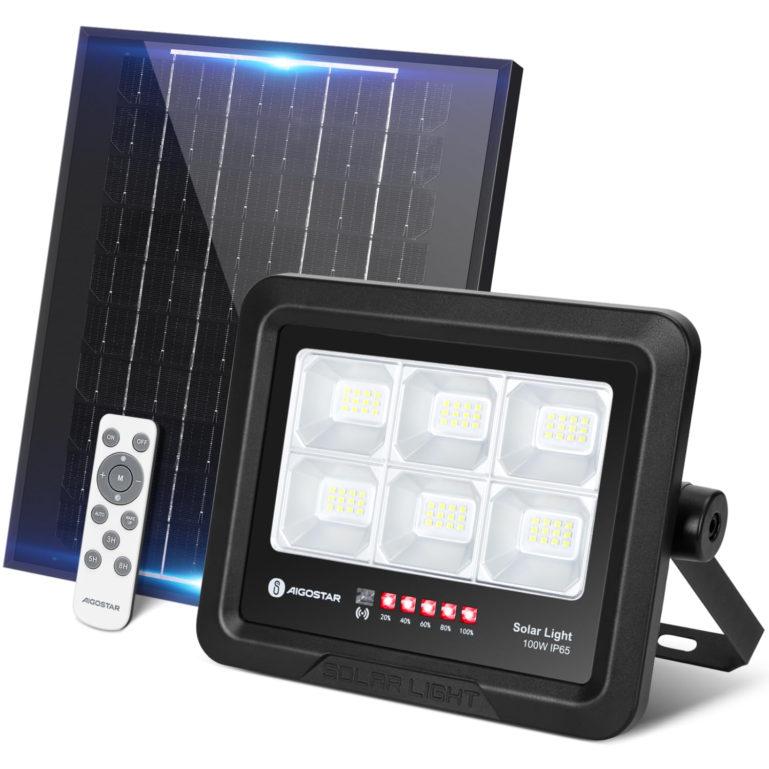 Aigostar Foco Proyector LED Solar con mando a distancia 100w, Blanco Frío 6500K, Foco Solar Exterior Impermeable IP65,Proyector LED Exterior con Brillo y Sincronización ajustables para Jardín,Garaje