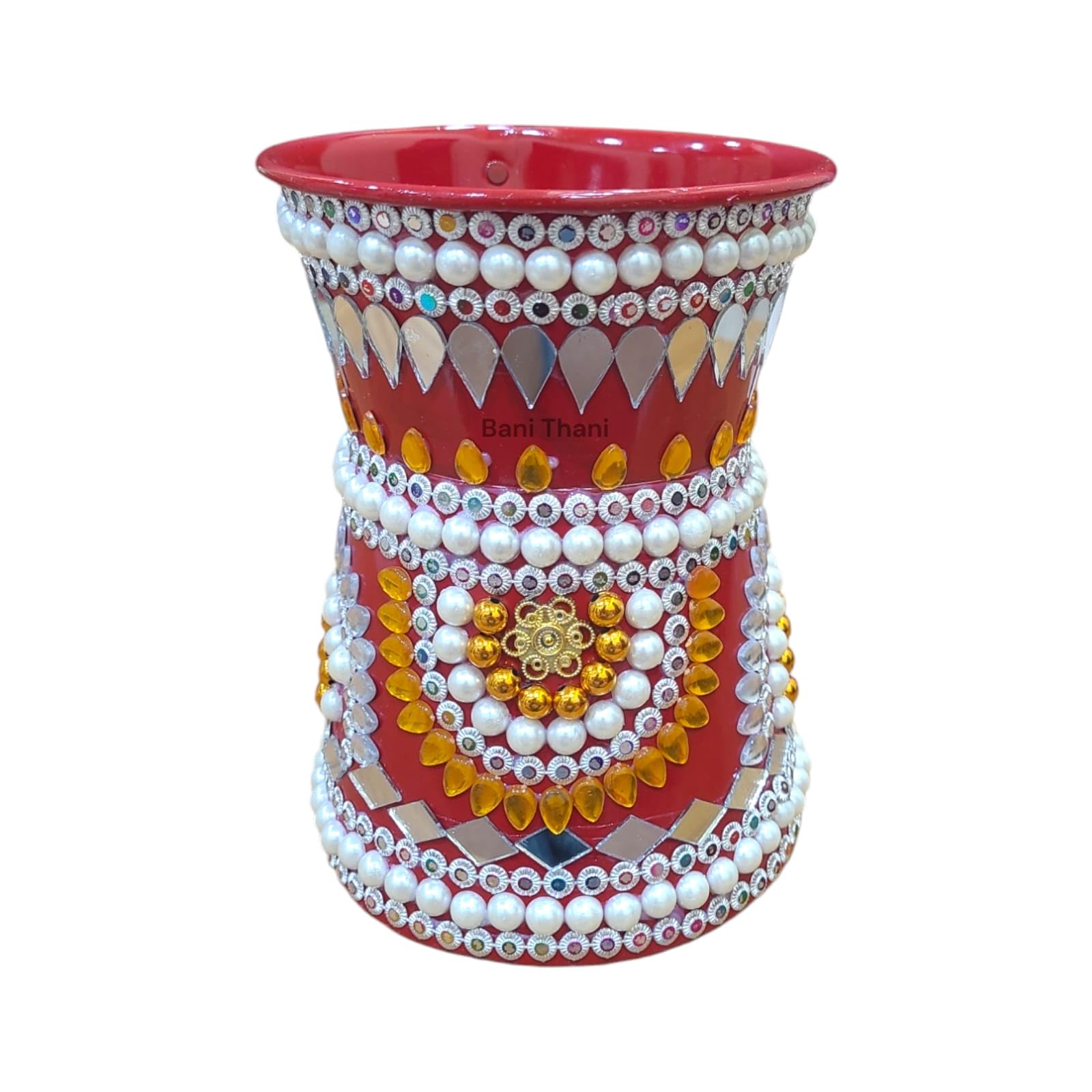 BANI THANI® Original Stainless Steel Griha Pravesh Moti Kundan Decorative Kalash, Hand Crafted Payali (पायाली), Maap, Empty Rice Pot for Bride Entry at Home, Moti Work Payali-image-36