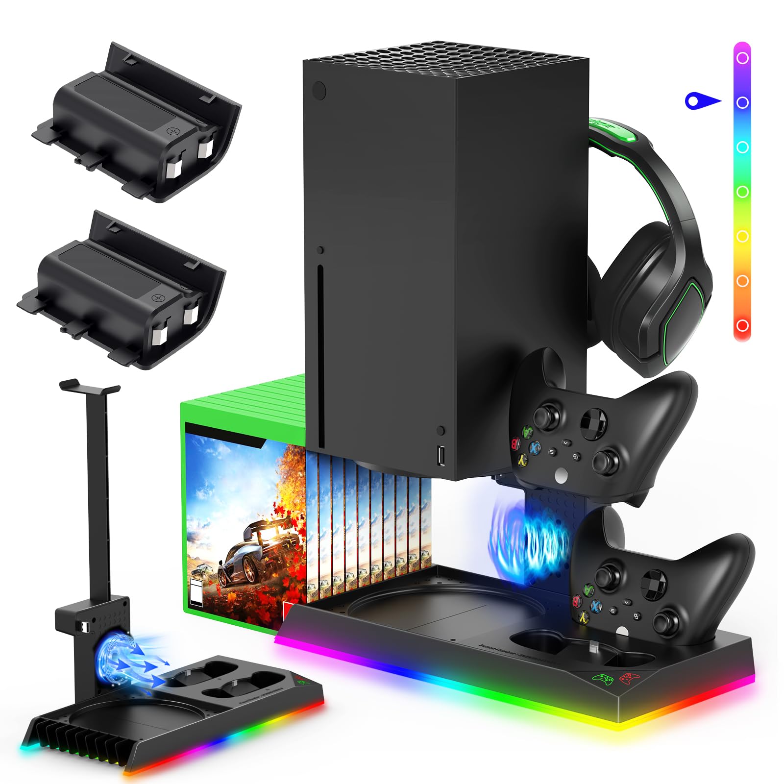 FYOUNG Soporte de refrigeración y estación de Carga mejorados para Consola Xbox Series X y Controlador, Sistema de refrigeración de Ventilador con 15 Luces RGB y 2 baterías Recargables de 1400 mAh