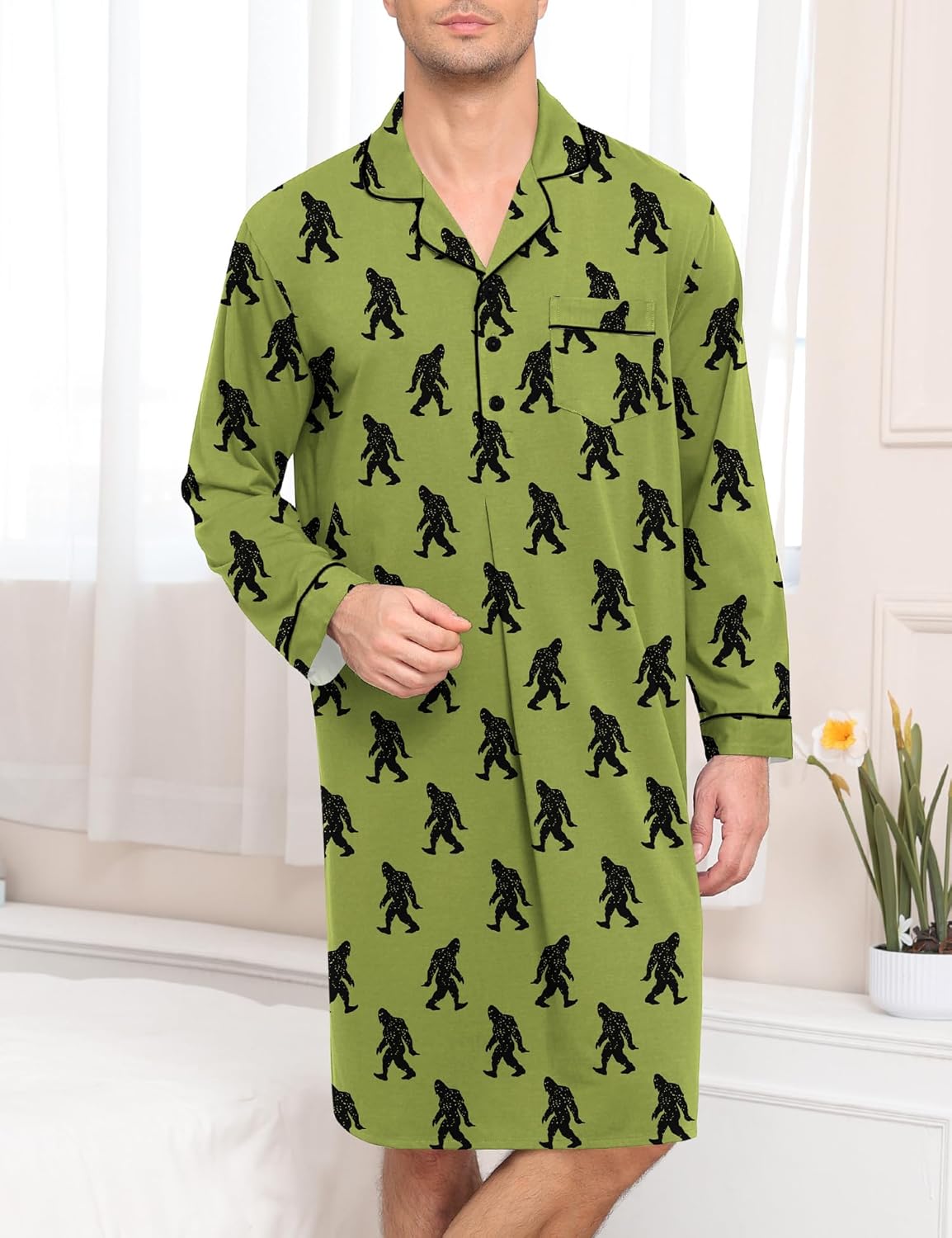 SWOMOG Mens Nightgown Long Sleeve Sleep Shirt Big & Tall Nightshirt Button Down Pajama Comfy Nightwear M-XXXL - Image 7