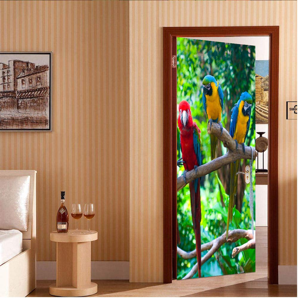3D Door Sticker Parrot Self-Adhesive Mural Home Decoration Wall Sticker Bedroom Living Room Removable Poster Art Sticker-90x200cm