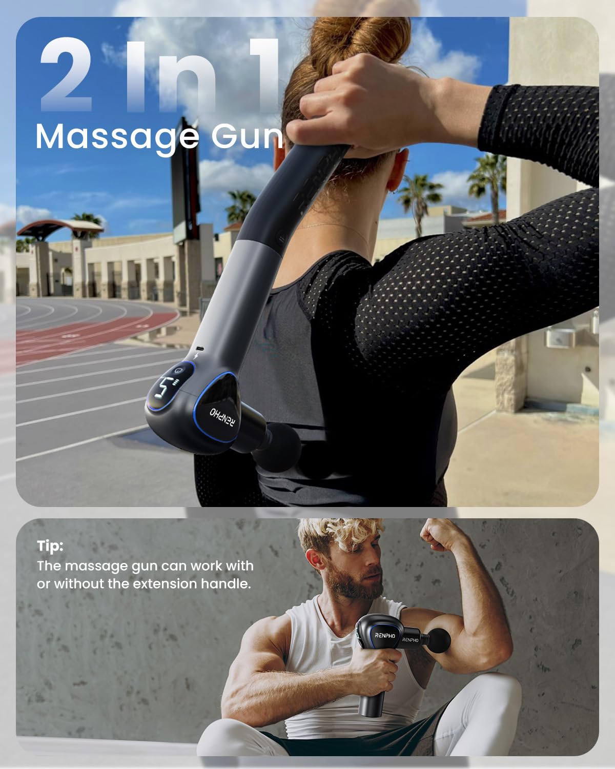 Pistola de Masaje Muscular con Mango Extensible Desmontable, Renpho Reach Pistola Masajeadora, Pistola Masaje Massage Gun Profesional with LED Screen para Muscular Relajación,Negro