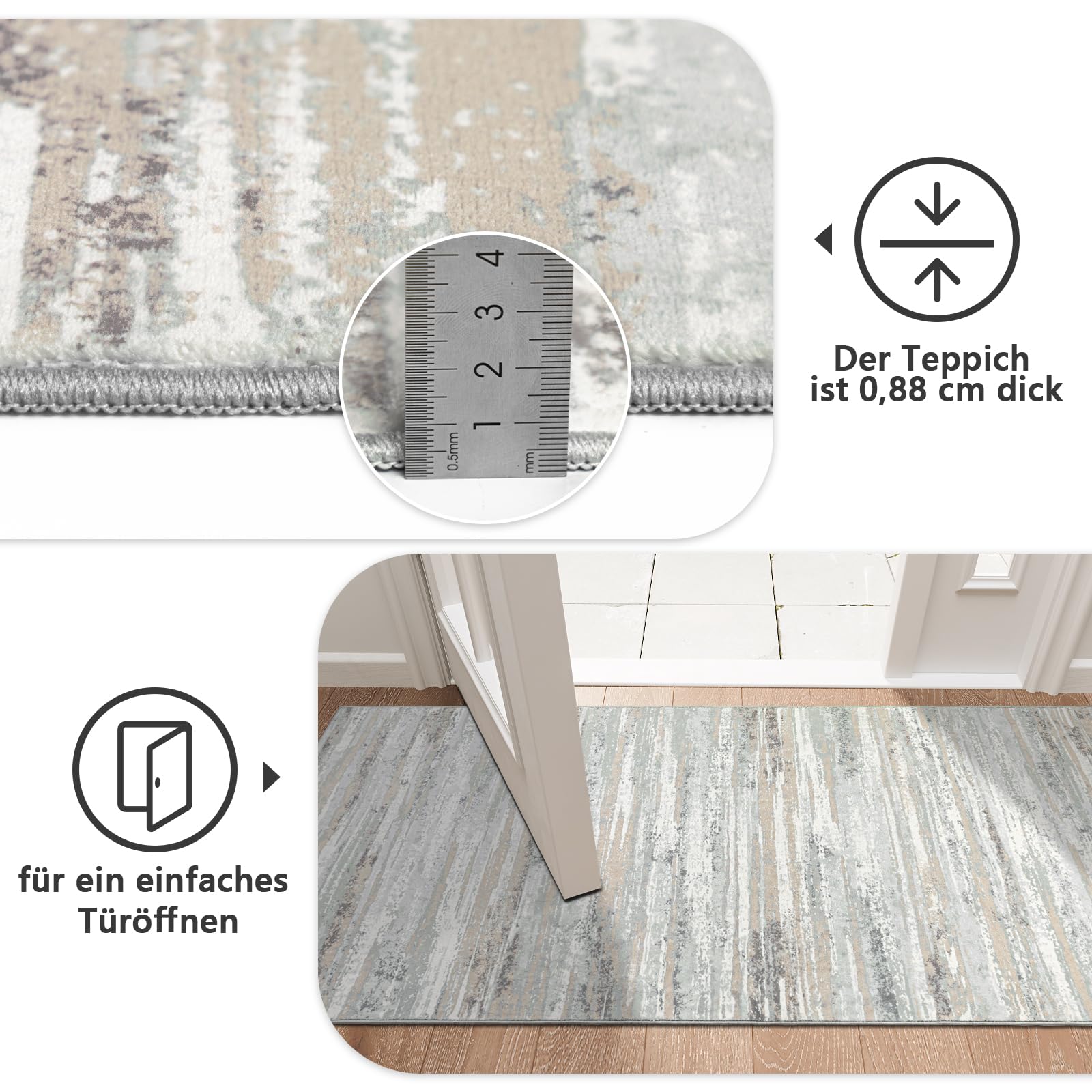 Teppich Läufer Flur 80x300 cm, Leichter Kurzflor Küchenteppich, Waschbarer Teppich, rutschfest Küchenläufer, Teppich Flur, Beige Teppich Läufer für Wohnzimmer, Küche, Diele, Eingang, Balkon
