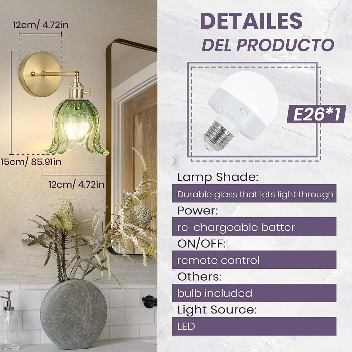 Lámpara de pared dorada recargable para interiores, estilo retro, con casquillo E27, RGB regulable y mando a distancia, inalámbrica, para mesita de noche, ajustable, con cristal verde, aplique de par