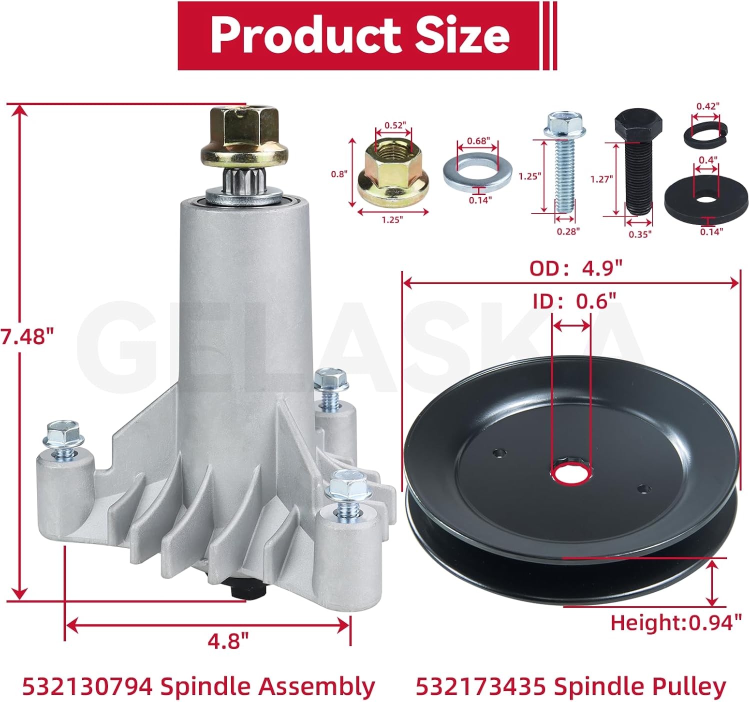 GELASKA 2 Pack 130794 Spindle Assembly with 532173435 Mandrel Pulley Replaces 532130794, 539110158, 532153532, 129206, 153532, 173435 for Husqvarna LT120, LT1238, LT1538, LR125, LRH125, LT125 Mowers