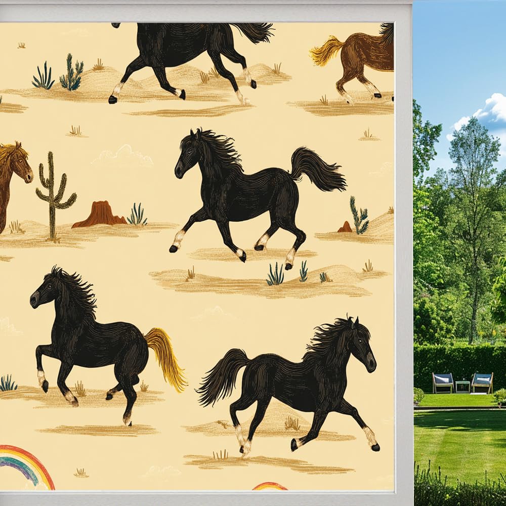 Western Horses Frosted Window Film, Colorful Cactus Landscape Stained Glass Privacy Film, Heat Insulation Self-Adhesive Vinyl for Bathroom Office, （55x80cm）