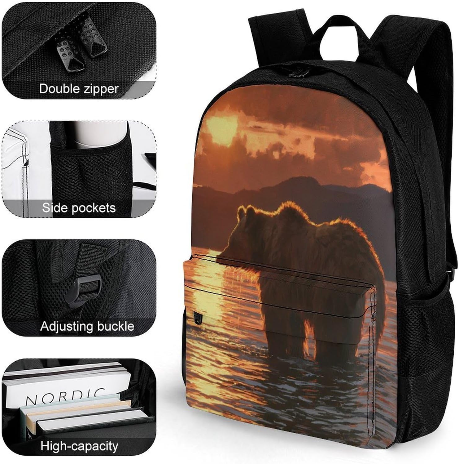 Bear In Lake At Sunset Backpack Lightweight Backpacks Work Bag
