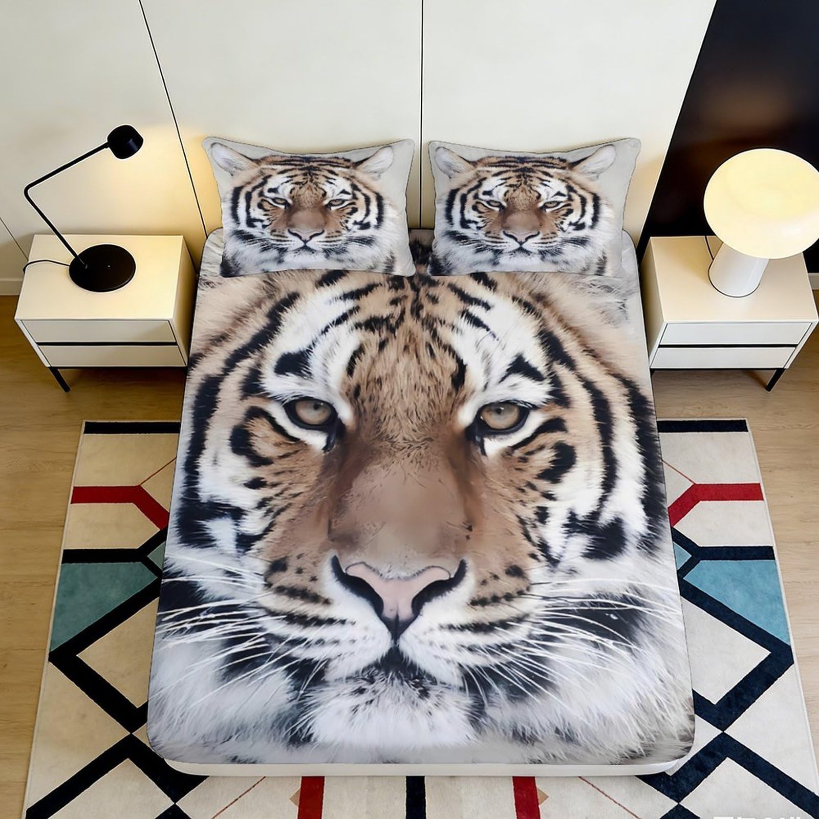 3D Printed Tiger Face Fitted Sheet Microfiber Non-Slip Mattress Cover Animal Pattern for Bedroom Dorm Easy Care 120x200x25cm
