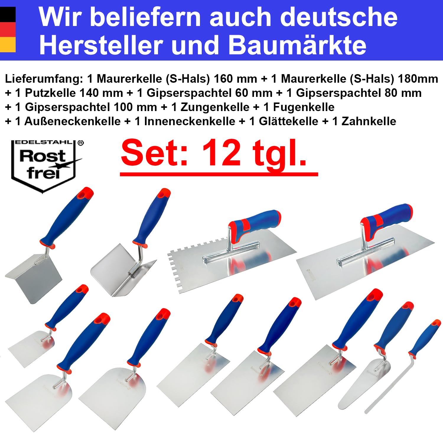 Kellen Set 12-tlg: Maurerkelle S-Hals (160 +180mm) + Gipserspachtel (60+80+100mm) + Putzkelle + Zungenkelle + Fugenkelle + Eckenkellen + Fugenkelle Rostfreier Edelstahl Gipserkellen Maurerwerkzeuge