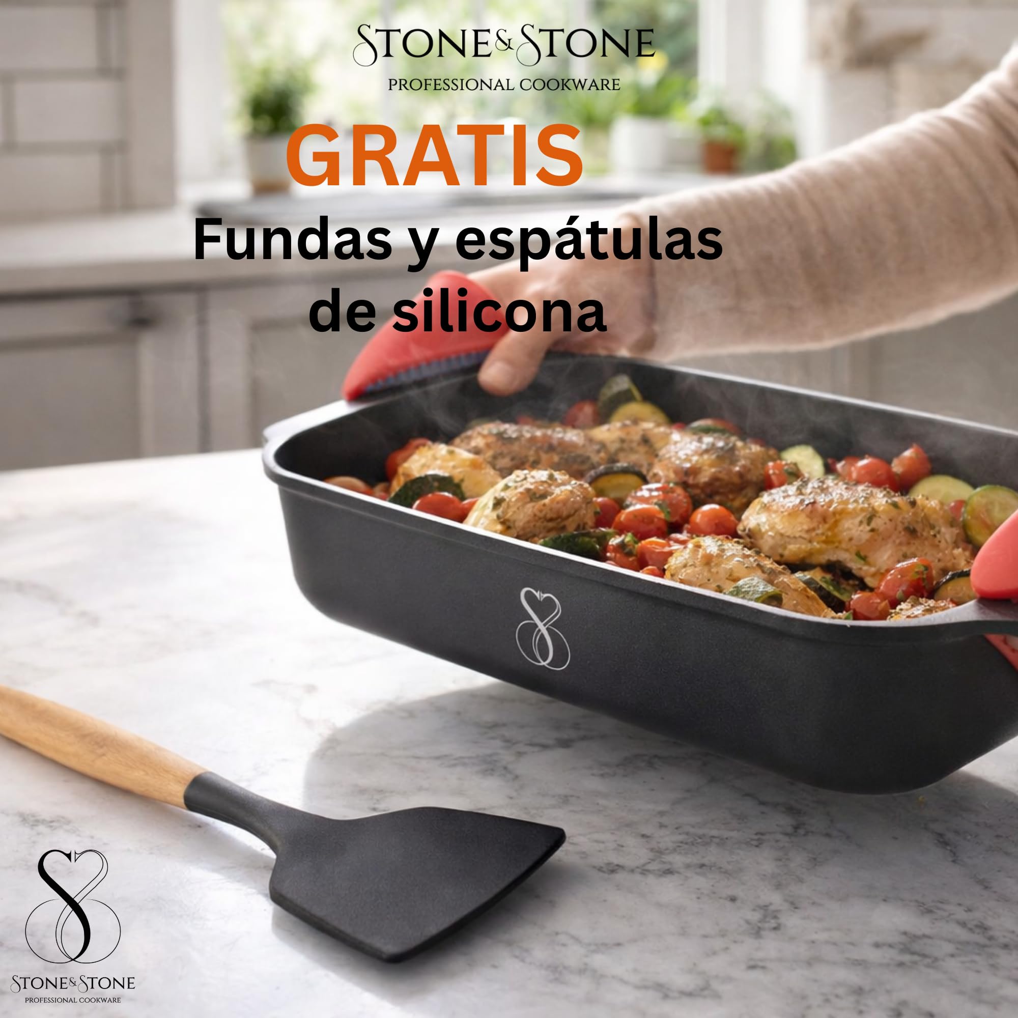Stone&Stone Fuente para Horno Antiadherente 34x8 cm Rectangular Fuente Lasaña Bandeja Horno con Revestimiento Cerámico Alemán Greblon Apta para Inducción Gas y Horno Sin PFAS PFOA PTFE + Tapa Espátula