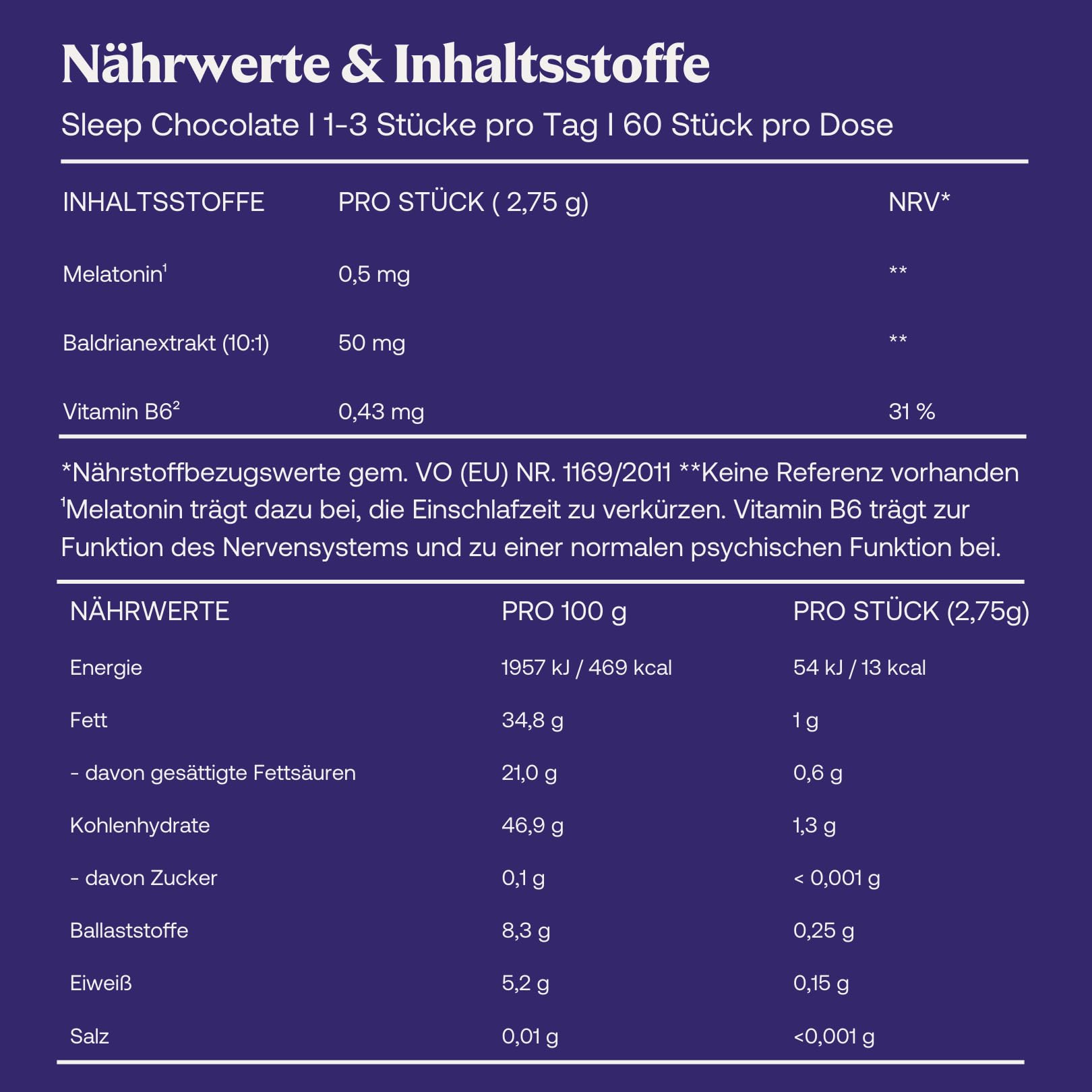 Sleep Chocolate - Melatonin, Baldrian, Vitamin B6 - verkürzte Einschlafzeit, Entspannung, Beruhigungsmittel, Einschlafhilfe - Zuckerfrei - Vegan - 60 Stück - Made in Germany - Clever Chocolate