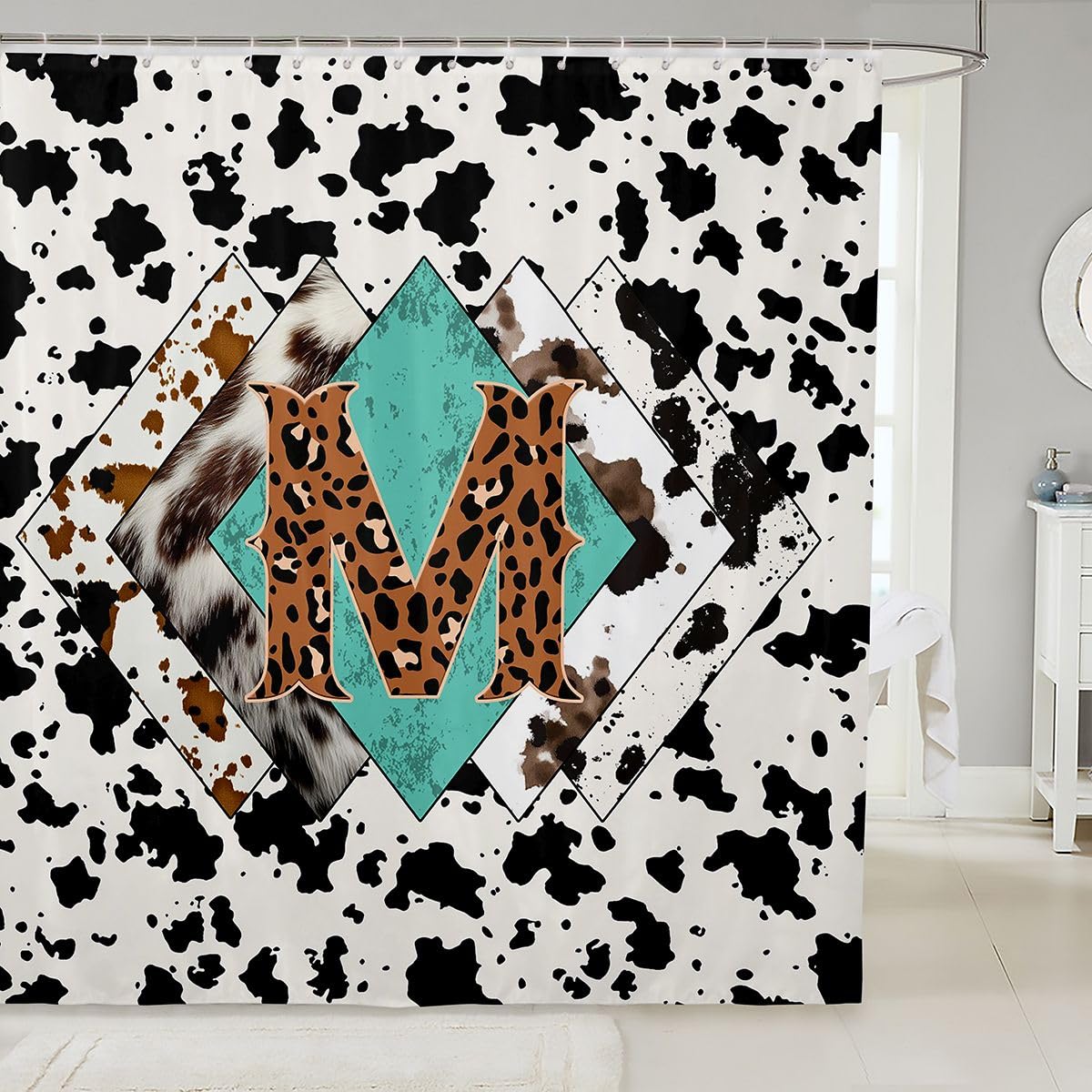 Rideau de douche lettre M taille L léopard monogramme alphabet imprimé cuir de vache rideau de bain pour adultes design rustique rétro rideaux de bain imperméables avec 12 crochets pour baignoire