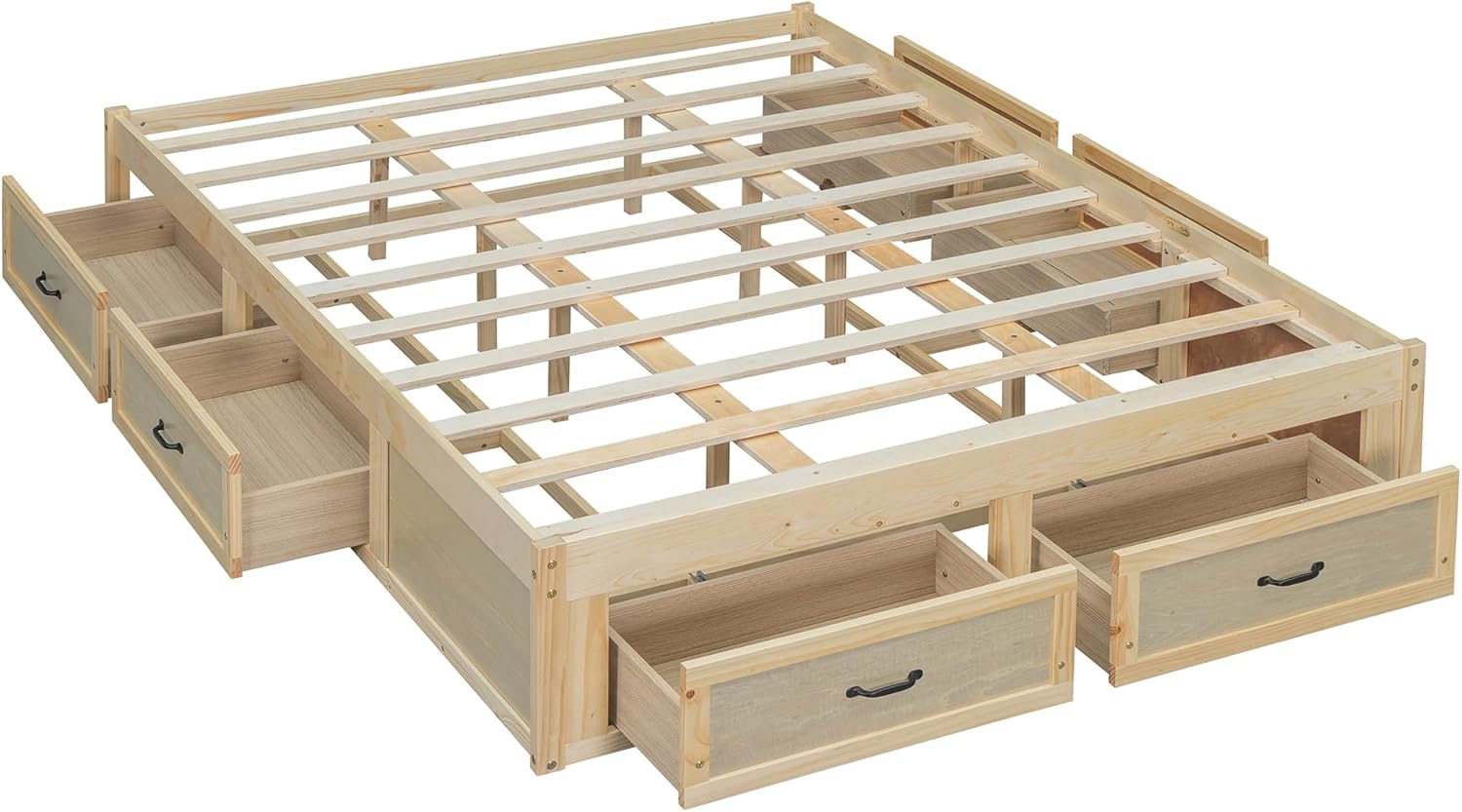 KE'VERSO Queen Size Platform Bed Frame with 6 Storage Drawers, Bed Frame Queen Size Without Headboard, Wood Slat Support, Noise-Free, No Box Spring Needed, Easy Assembly, Antique Natural