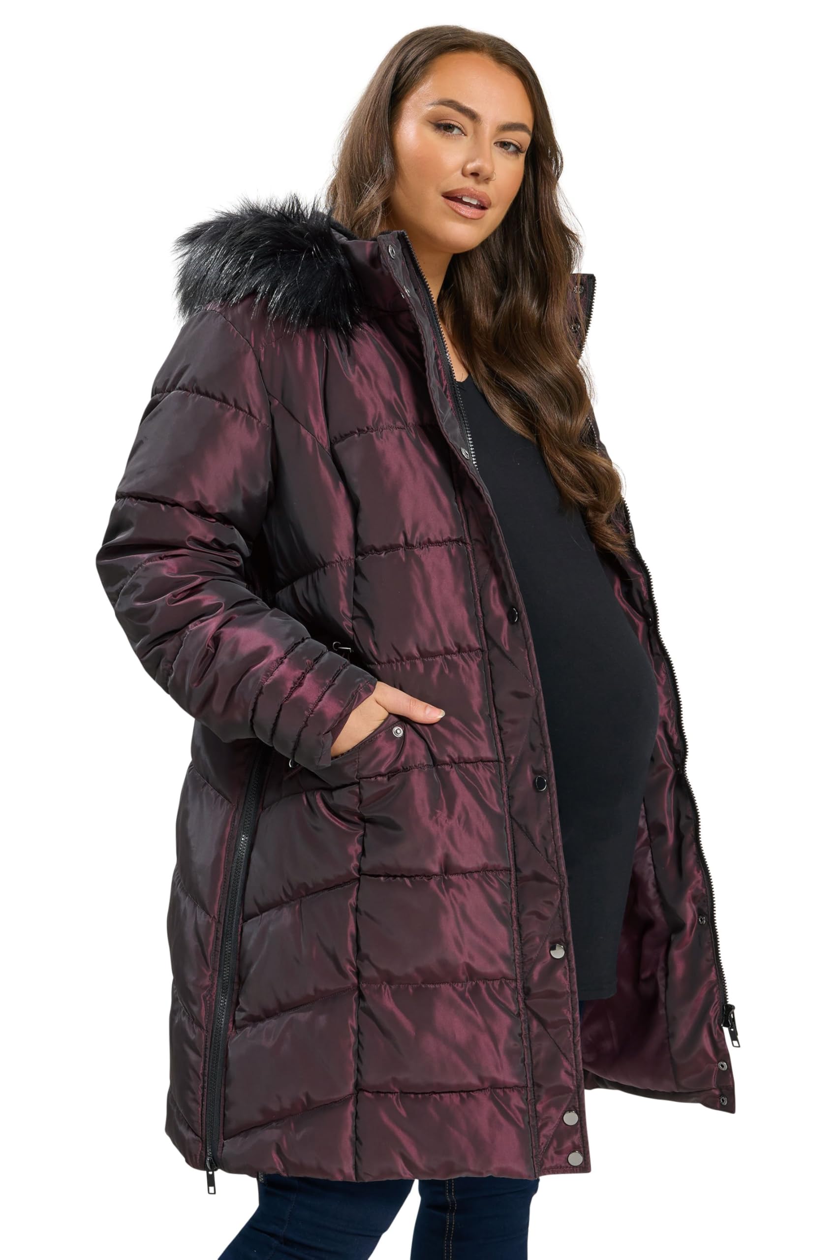 Yours Women's Purple Bump It Up Maternity Curve Panelled Puffer Midi Coat - Plus Size Curve