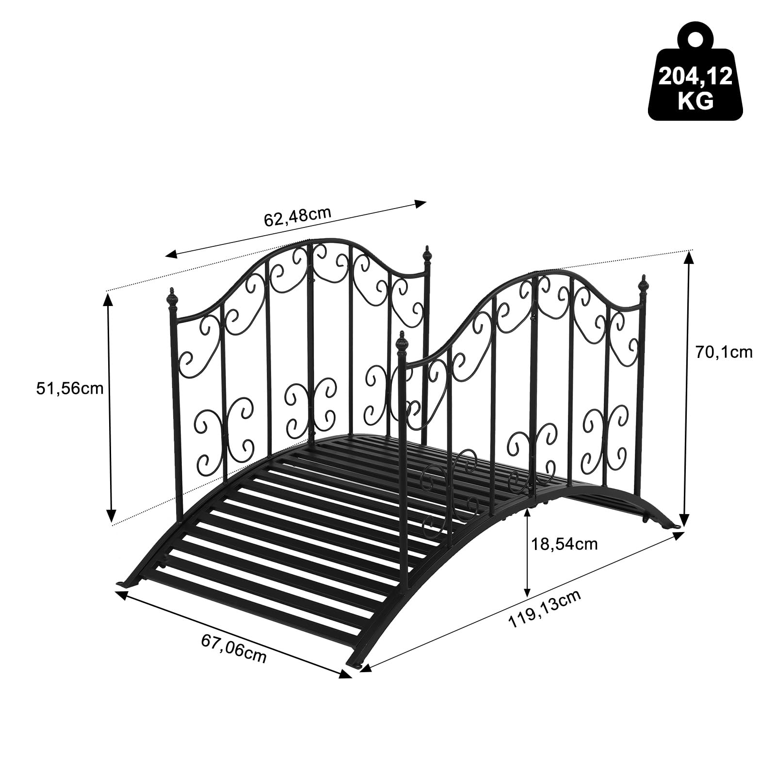 Bonnlo Gartenbrücke Metall 120cm, Teichbrücke mit kunstvoll gemustertem Geländer, Brücke Stabil und Wetterfest, bis 204 kg belastbar, Zierbrücke für Garten, Teich und Bach,Schwarz