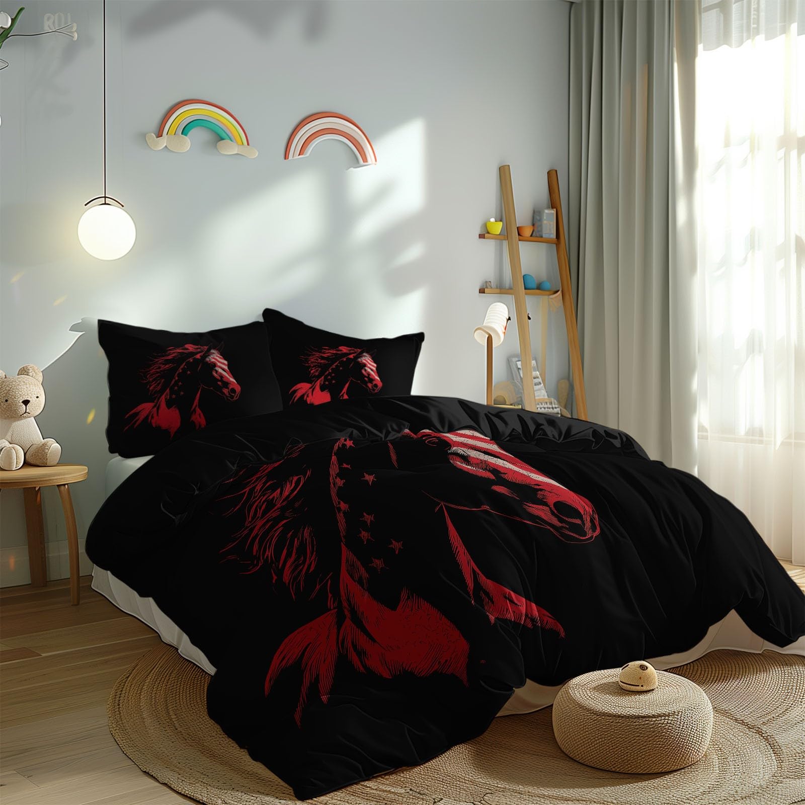 Komplet pościeli w minimalistycznym stylu, flaga konia, 230 x 220 cm, poszewka na kołdrę dla dzieci, miękka mikrofibra, czarna poszwa na kołdrę z poszewką na poduszkę 80 x 80 cm i zamkiem