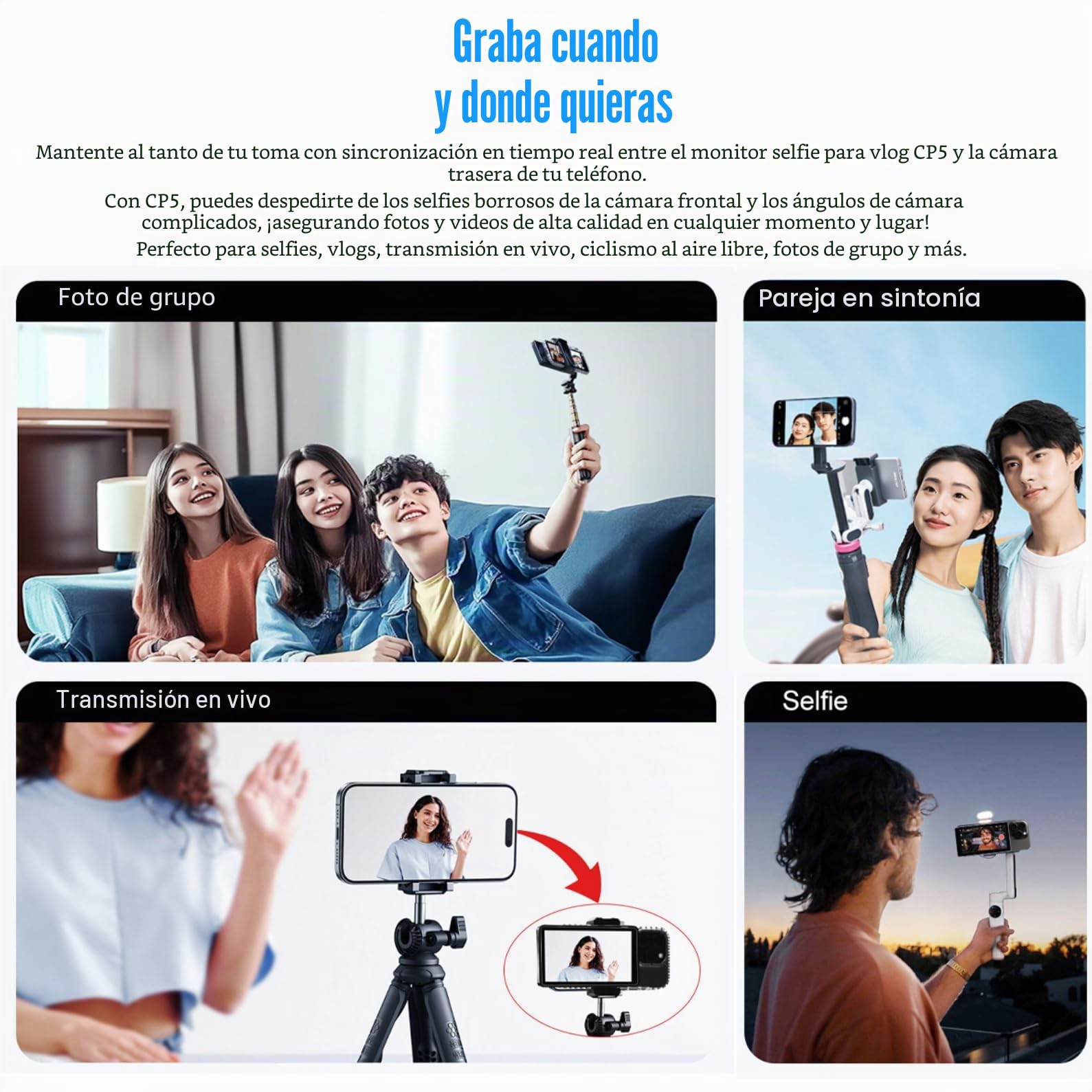 Shimbol CP5 - Monitor selfie con pantalla táctil FHD de 5 pulgadas, cámara trasera, 1080P, Vlog de selfie con mando a distancia Bluetooth, para iPhone y Android, selfies, vlogging, transmisión en