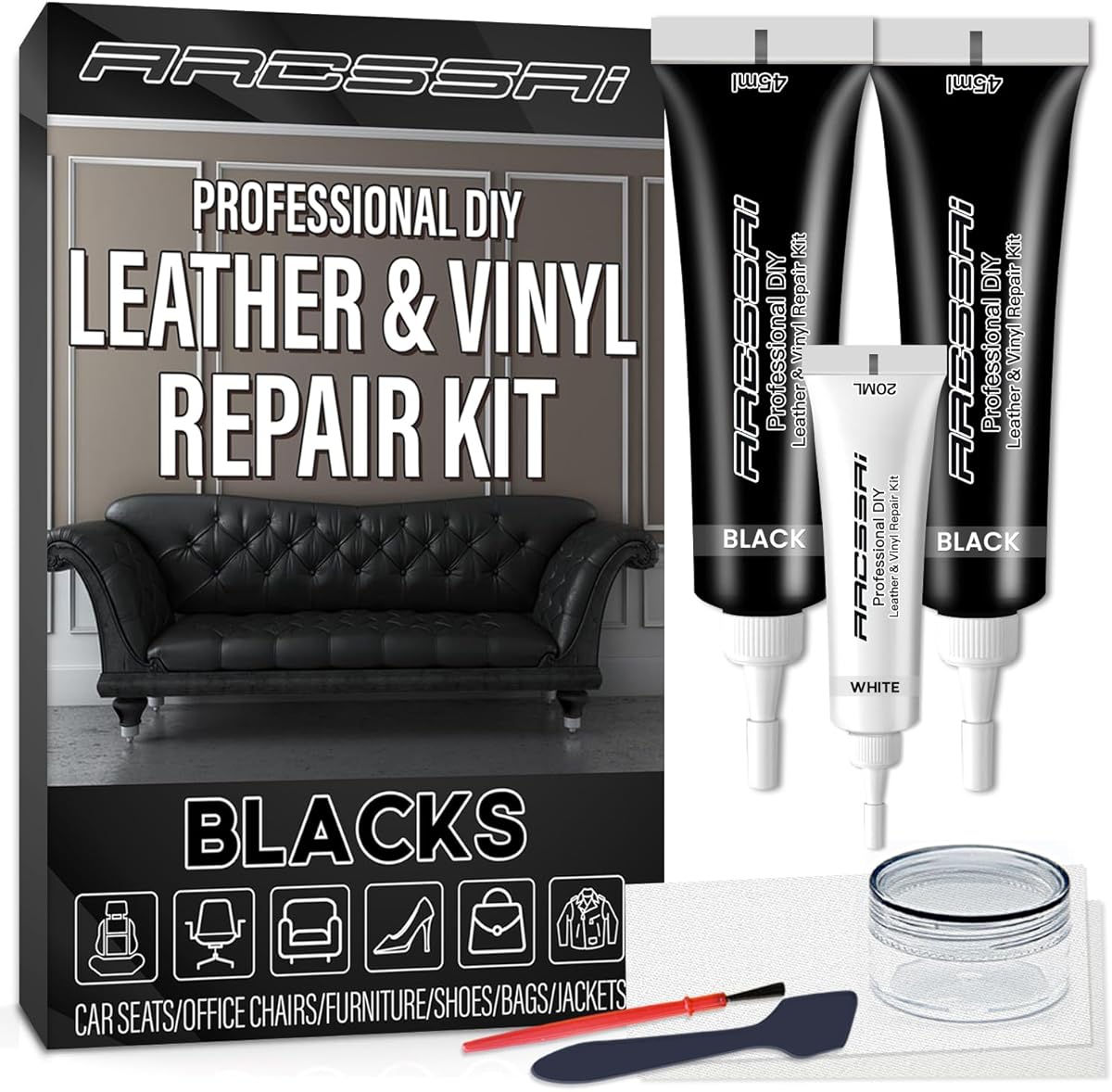 ARCSSAI Black Leather Repair Kit for Furniture, Gray & Black Car Interior, Car Seats, Sofa, Jacket and Purse, Vinyl Repair Kit for Tear & Burn Hole, with Color Matching Guide & Super Easy Instructions