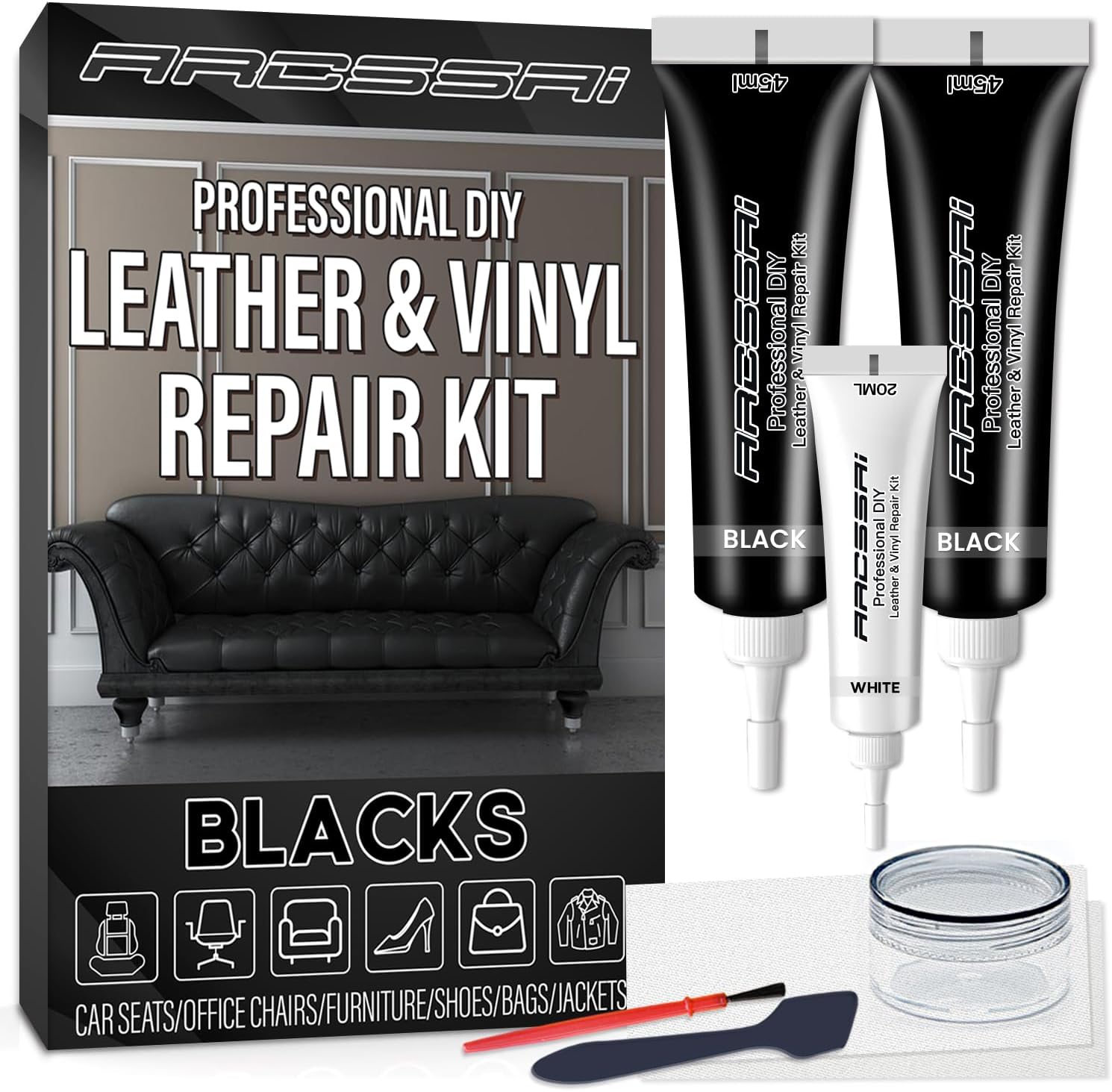 ARCSSAI Black Leather & Vinyl Repair Kit, Sofa, Jacket, Car Seats and Purse. Leather Repair Kit. Super Easy Instructions to Match Any Color, Restore Any Material, Bonded, Italian, Pleather, Genuine