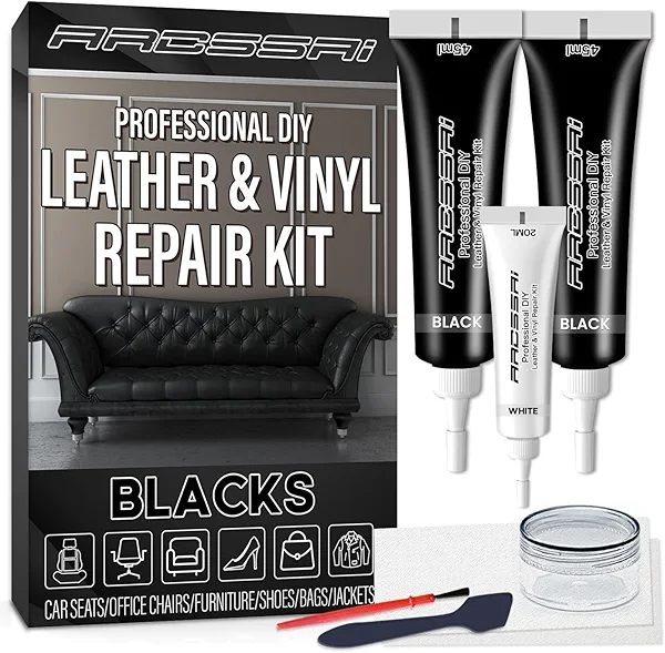 Black Leather Repair Kit, Vinyl Repair Kit for Car Seats, Couch, Boat, Sofa & Purse, Fix Scratch & Rip on Artificial, Faux, Genuine Leather, with Color Matching Guide & Super Easy Instructions