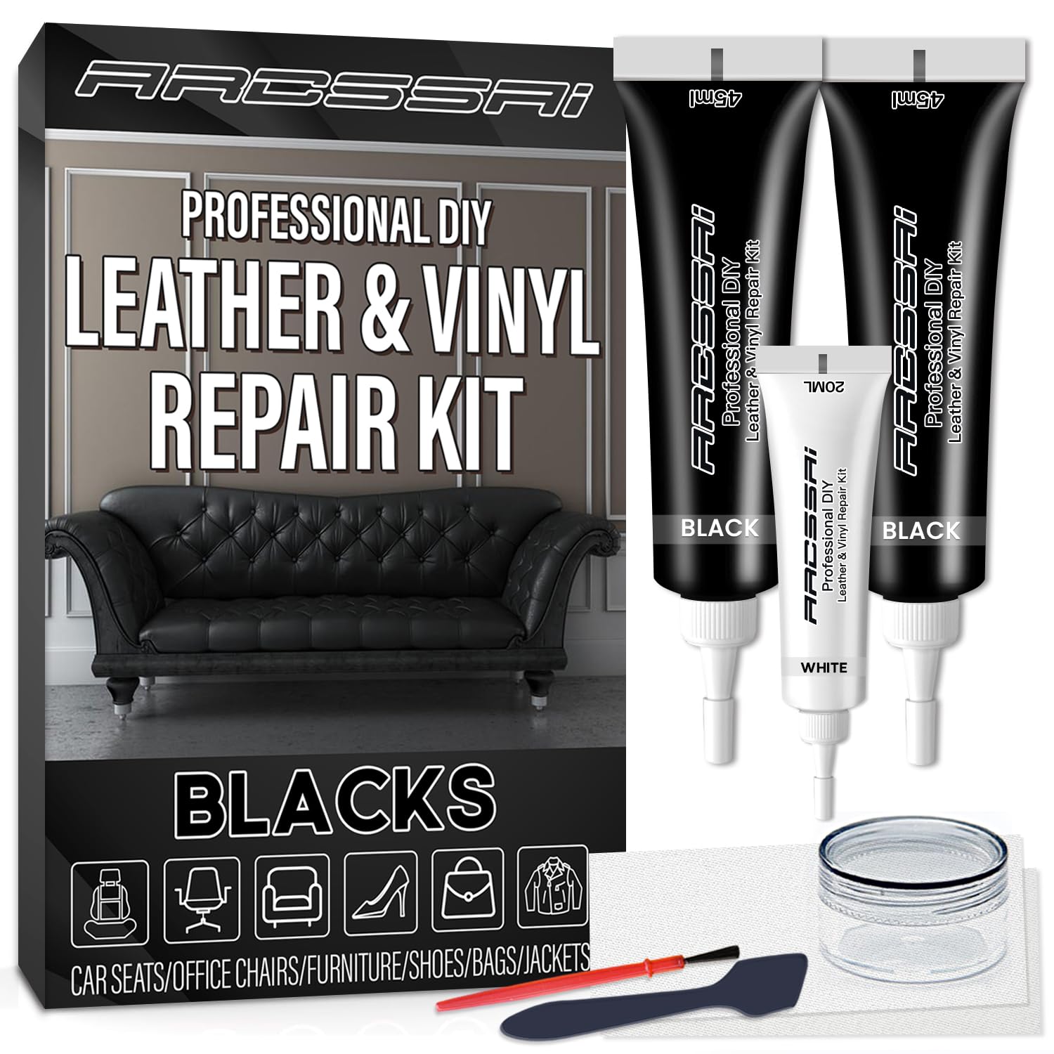 ARCSSAI Black Leather Repair Kit for Furniture, Car Interior, Car Seats, Sofa, Jacket and Purse, Vinyl Repair Kit for Tears & Burn Holes, with Color Matching Guide & Super Easy Instructions