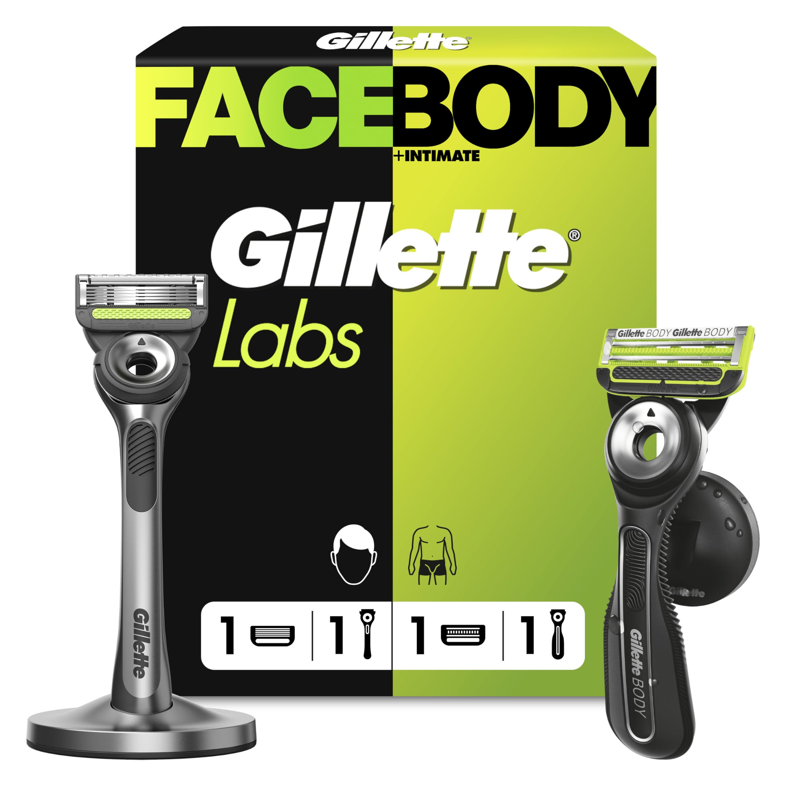 Gillette Labs Rasierer Herren für Gesichts Und Körper, Duo Pack, Schwarz/Grün - Inkl. 1 Handstück, Dock Und 1 Rasierklingen Plus GilletteLabs Body + Intimate Rasierer mit Duschhalterung Und 1 Klinge