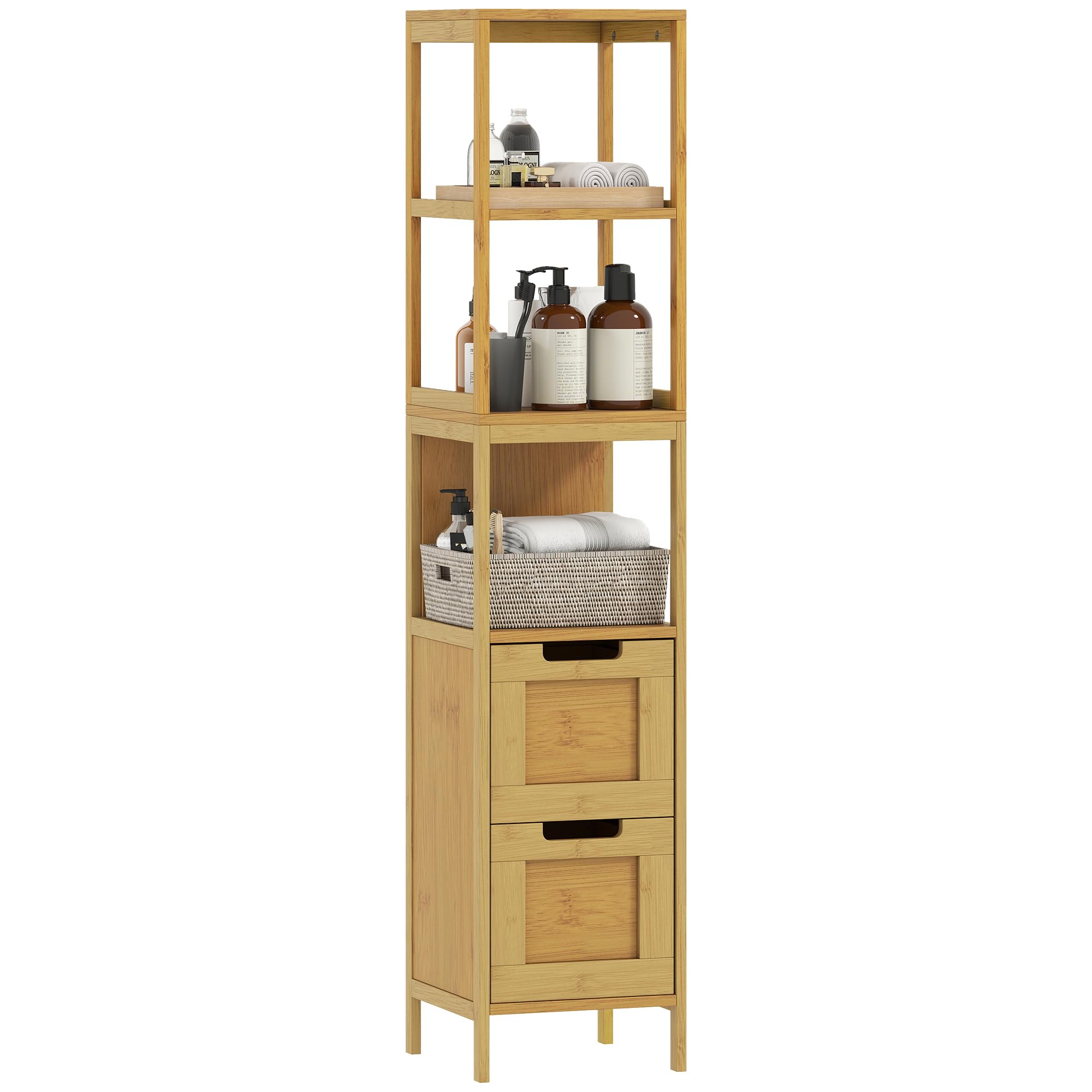 kleankin Meuble Colonne Rangement Salle de Bain Style Cosy dim. 30L x 30l x 144H cm 3 étagères 2 tiroirs Bambou Naturel