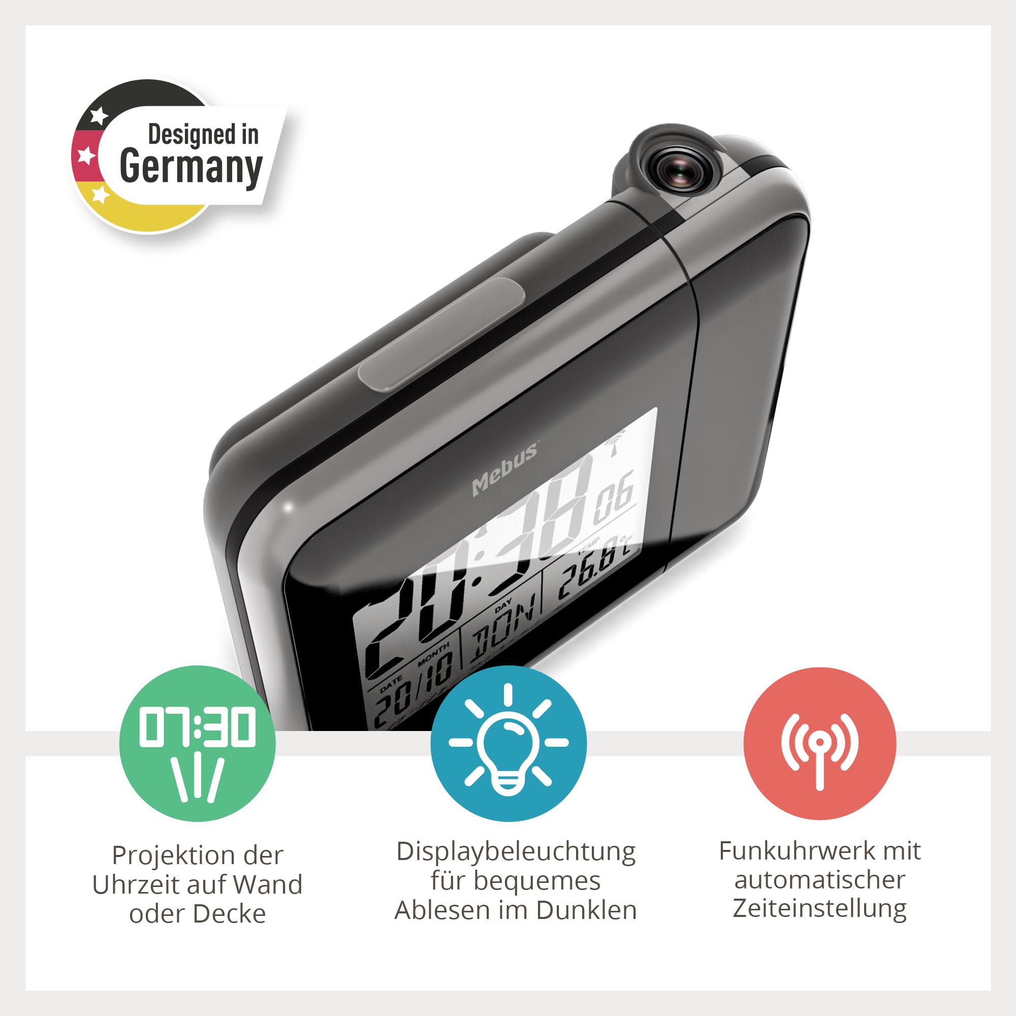 MEBUS digitaler Funkwecker mit Projektion der Uhrzeit an Decke Wand, INKL. Netzstecker, Batteriebetrieb Möglich, Dauerprojektion, schwenkbar, Thermometer/Farbe: Schwarz/Modell: 42425