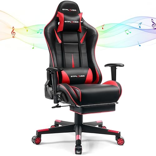 GTPLAYER Gaming Chair with Speakers, Video Game Chairs with Footrest, PC Game Chairs for Adults - Padded High Back Ergonomic Reclining Silla, Linkage Armrest, 909MF, Black-Red