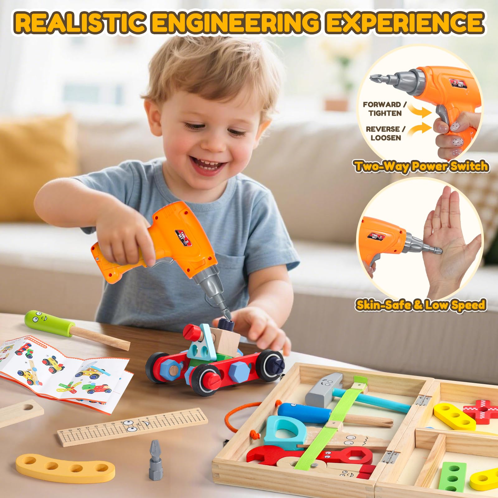 Werkzeugkoffer Kinder Werkzeug - Montessori Spielzeug ab 3 Jahre mit Bohrmaschine Kinder Spielzeug ab 3 Jahre Junge Mädchen Motorik Holzspielzeug Lernspiele Geschenk Junge 3 4 5 Jahre (44 STK)