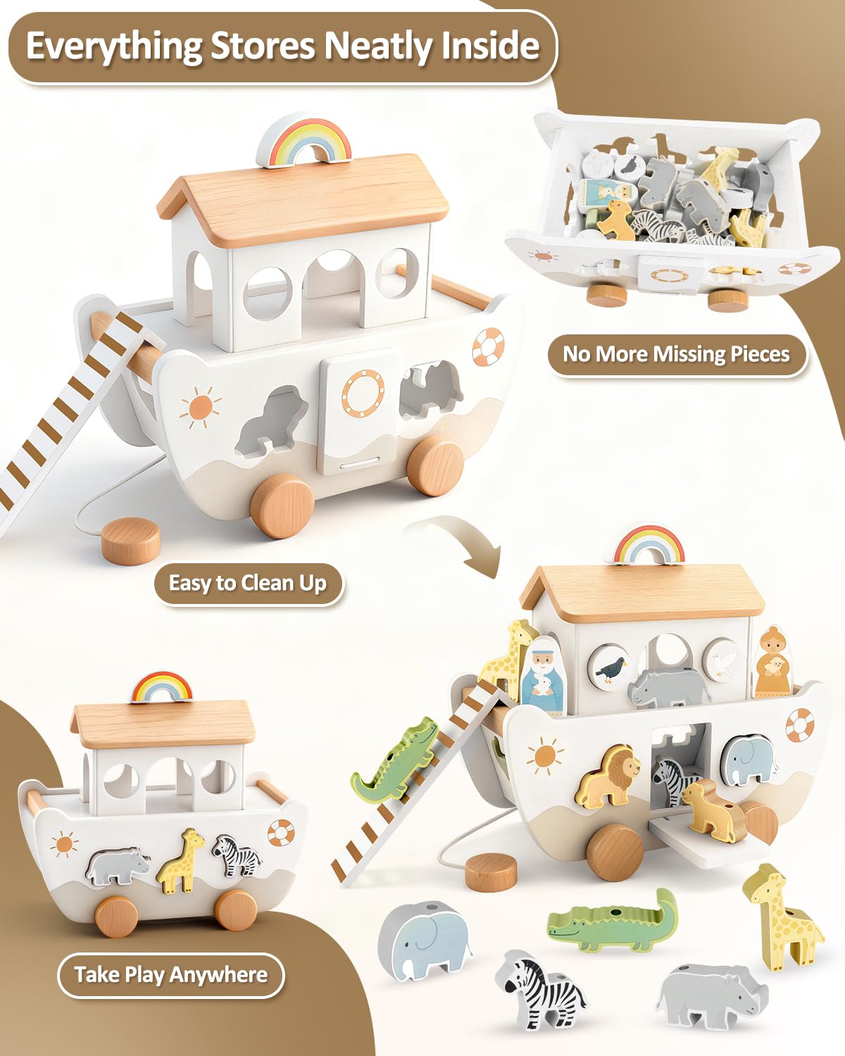 WoodsyJoy Wooden Noah’s Ark Toy for Toddlers 1-3, Baptism Christening Gifts for Boys Girls, Christian Toy Animal Shape Sorter, Baby Birthday — view 5