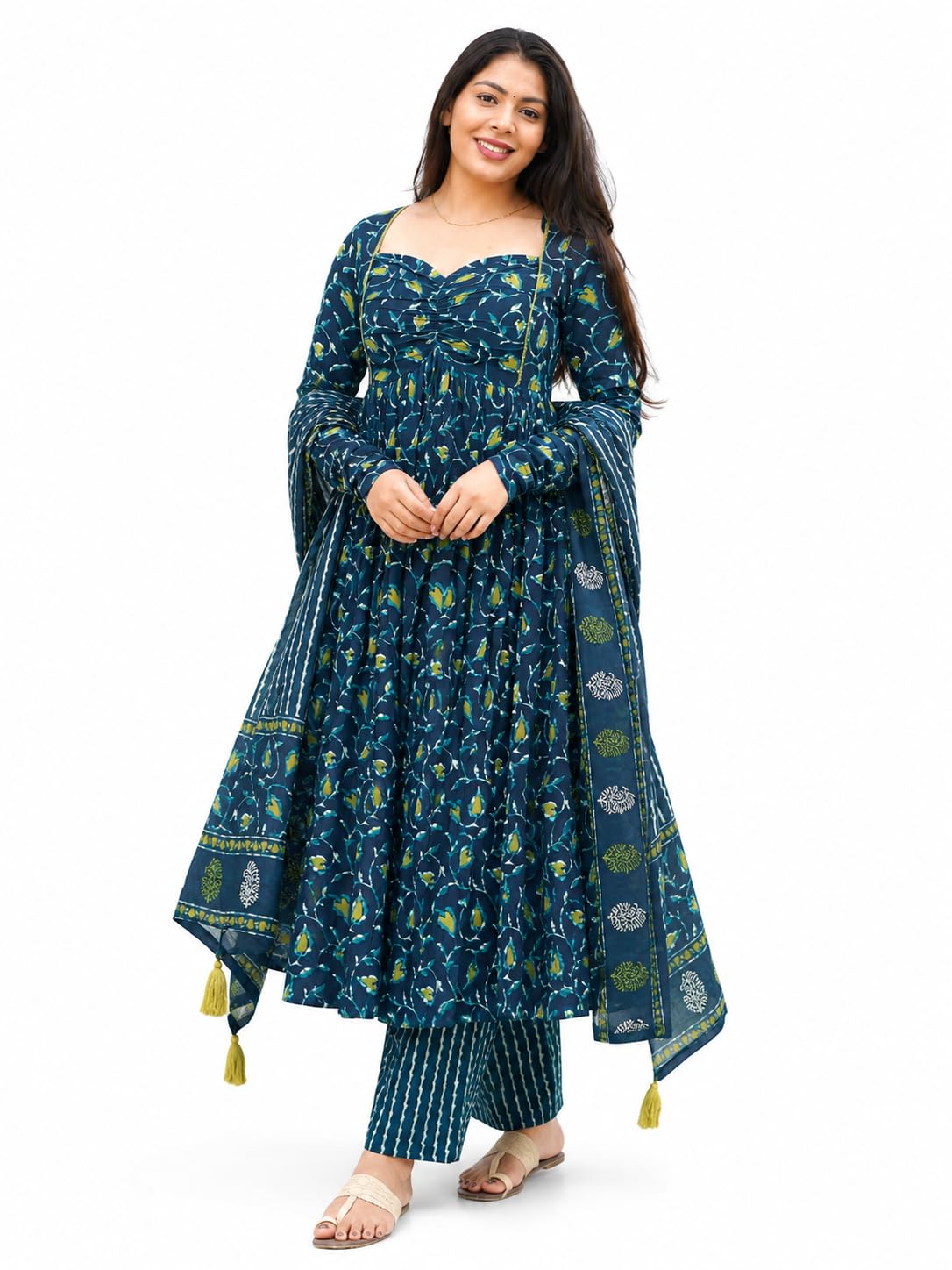 Women Floral Printed Anarkali Kurta Pant Set with Dupatta, Cotton, Teal Blue, Three-Quarter Sleeves, Regular Fit RASA FASHION STUDIO-image-49