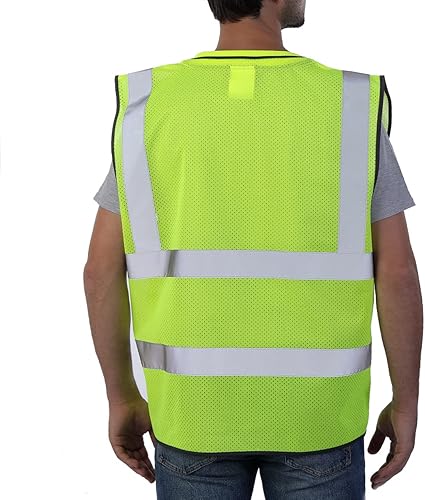 Miniatura 2 de Neopelta Chaleco de seguridad reflectante de malla amarilla, chaleco de alta visibilidad con bolsillos y cremallera, cuello acolchado, chaleco de