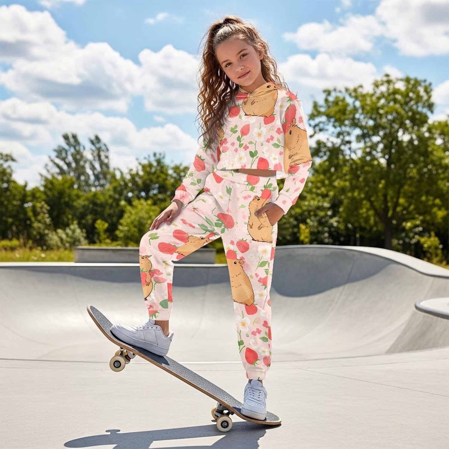 Girls Crop Sports Hoodies 2 Piece Outfits, Crop Warm Hoodie and Cuffed Jogger Sweatpants