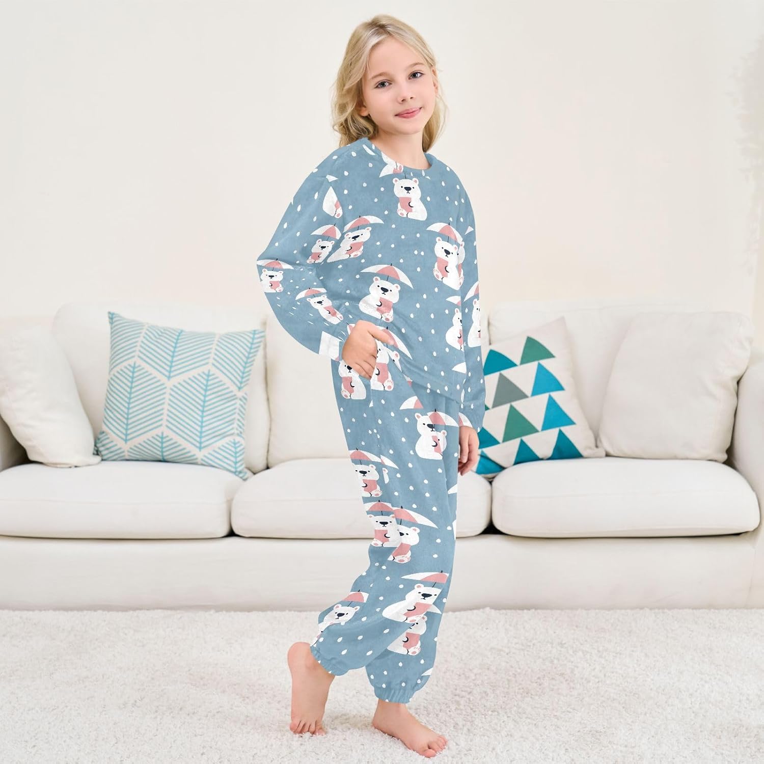 Kids Flannel Sets Bear Polar Umbrella Warm Plush Relaxed Clothing for Boys and Girls