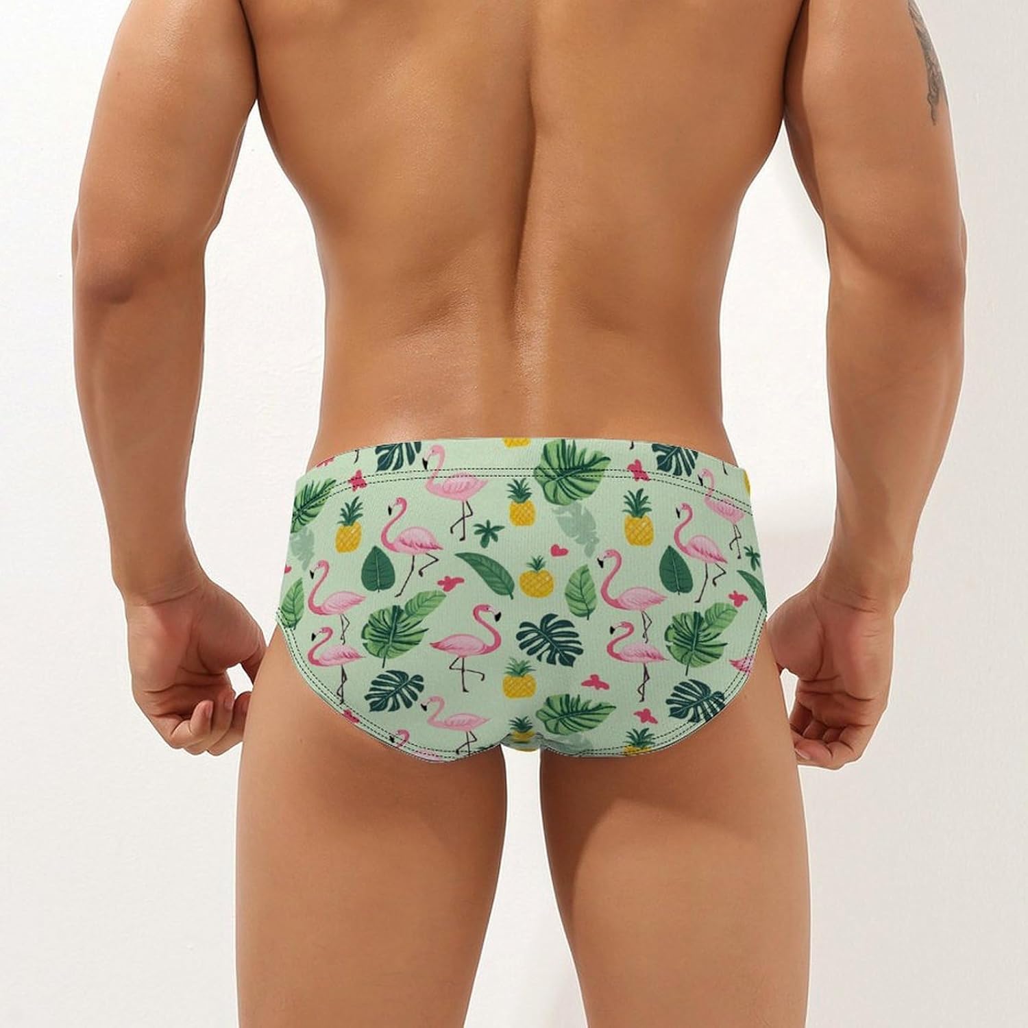 Flamingo Men's Swimsuit Brief Sexy Bikini Briefs Retro Printed Swimwear Quick Dry Swimming Trunks 3X-Large
