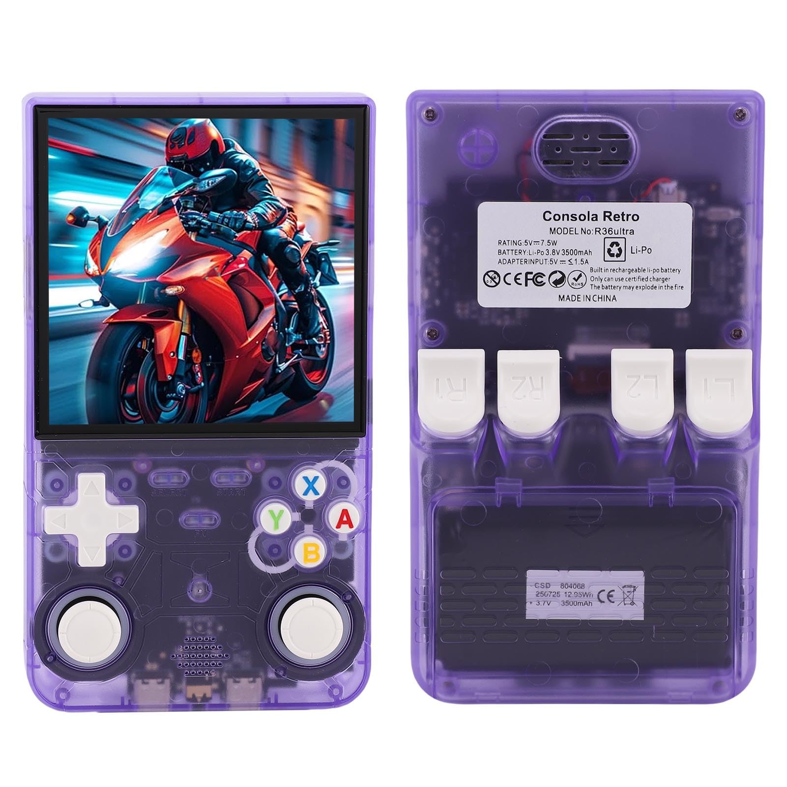 Console de Jeu Vidéo Portable Rétro avec écran de 4 Pouces, Double Joystick, Console de Jeu Portable pour Système, Batterie 3500 MAh pour Joueurs Adultes, Violet Transparent (64G)