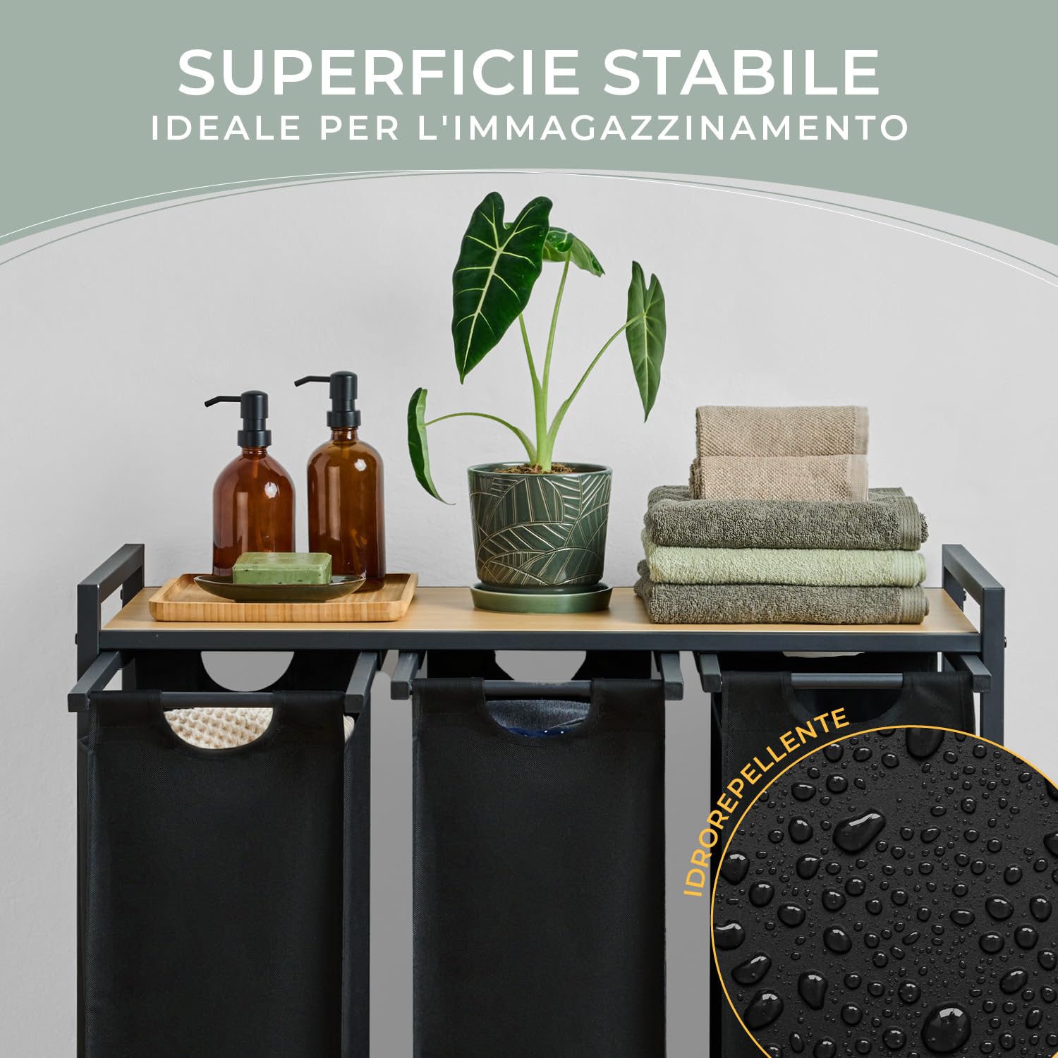 Blumtal cesto biancheria sporca 3 scomparti in grigio per organizzare - cesta portabiancheria 3 scomparti estraibili con ripiano superiore in materiale effetto cemento - struttura in metallo bianco
